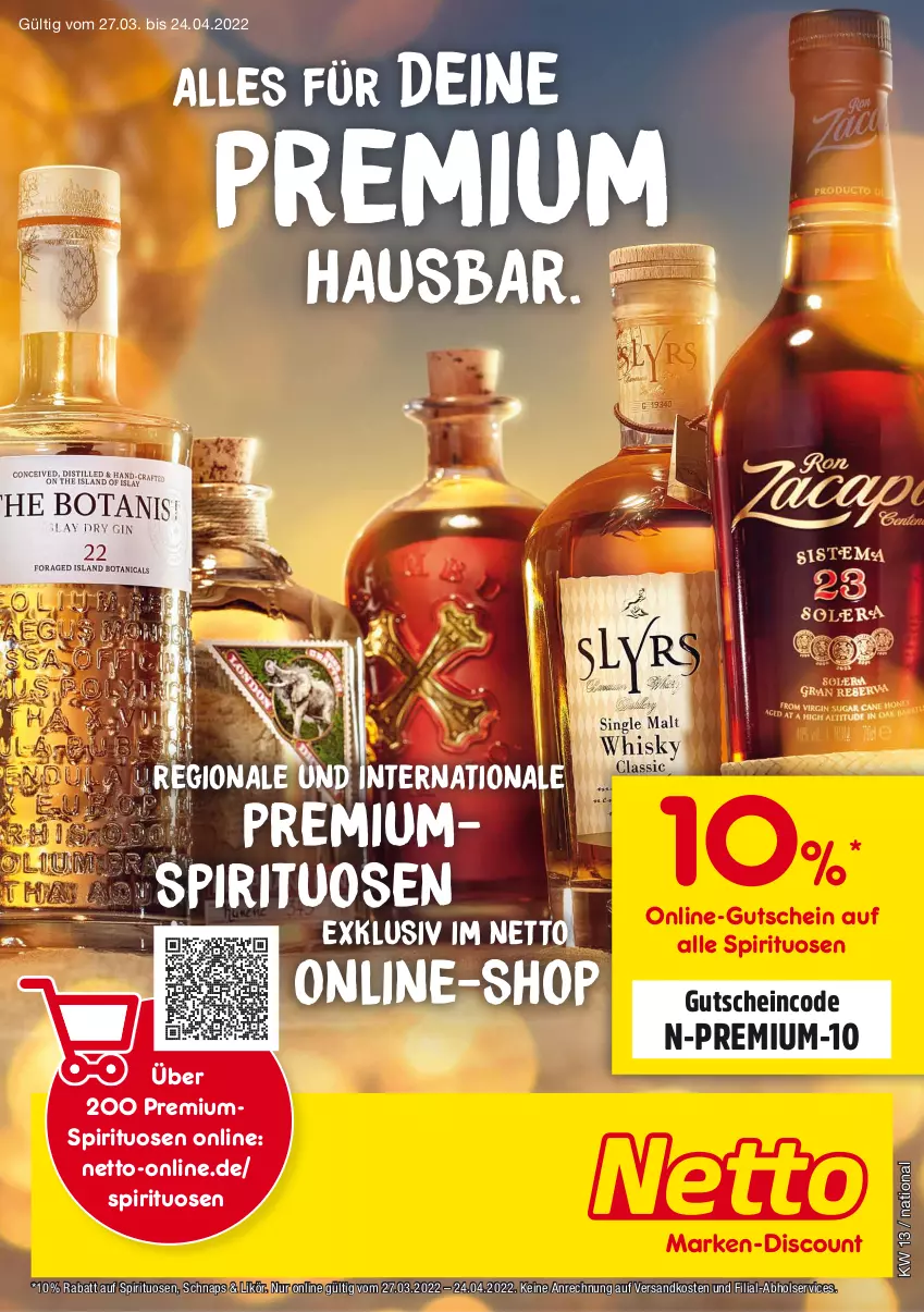 Aktueller Prospekt Netto Marken-Discount - Regionale & Internationale Premium-Spirituosen - von 27.03 bis 24.04.2022 - strona 1 - produkty: gutschein, likör, ndk, spirituosen, Ti, usb