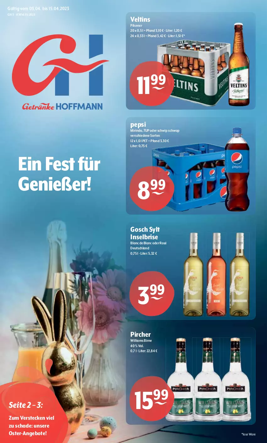 Aktueller Prospekt Getraenke Hoffmann - Prospekte - von 03.04 bis 15.04.2023 - strona 1 - produkty: 7UP, angebot, angebote, Mirinda, pepsi, pils, pilsener, pircher, rind, Schwip Schwap, Ti, veltins, veltins pilsener, Williams Birne