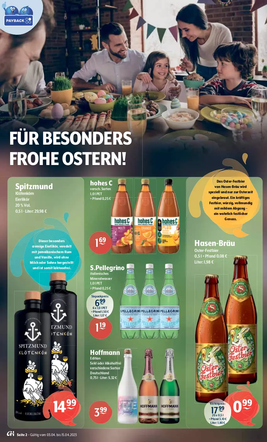 Aktueller Prospekt Getraenke Hoffmann - Prospekte - von 03.04 bis 15.04.2023 - strona 2 - produkty: alkohol, Alwa, auer, Beckers Bester, Berger, berliner, berliner kindl, bier, Biere, brause, burgunder, cola, corona, ecco, eier, eierlikör, eis, elle, fassbrause, flasche, flaschenöffner, frizzante, gin, grapefruit, grauer burgunder, Hohes C, likör, limo, limonade, margherita, milch, mineralwasser, nürnberger, nuss, pril, prosecco, reis, riesling, rum, sahne, schöfferhofer, sekt, spätburgunder, Spezi, teller, Ti, tuc, Tucher, vanille, veltins, wasser, zitrone