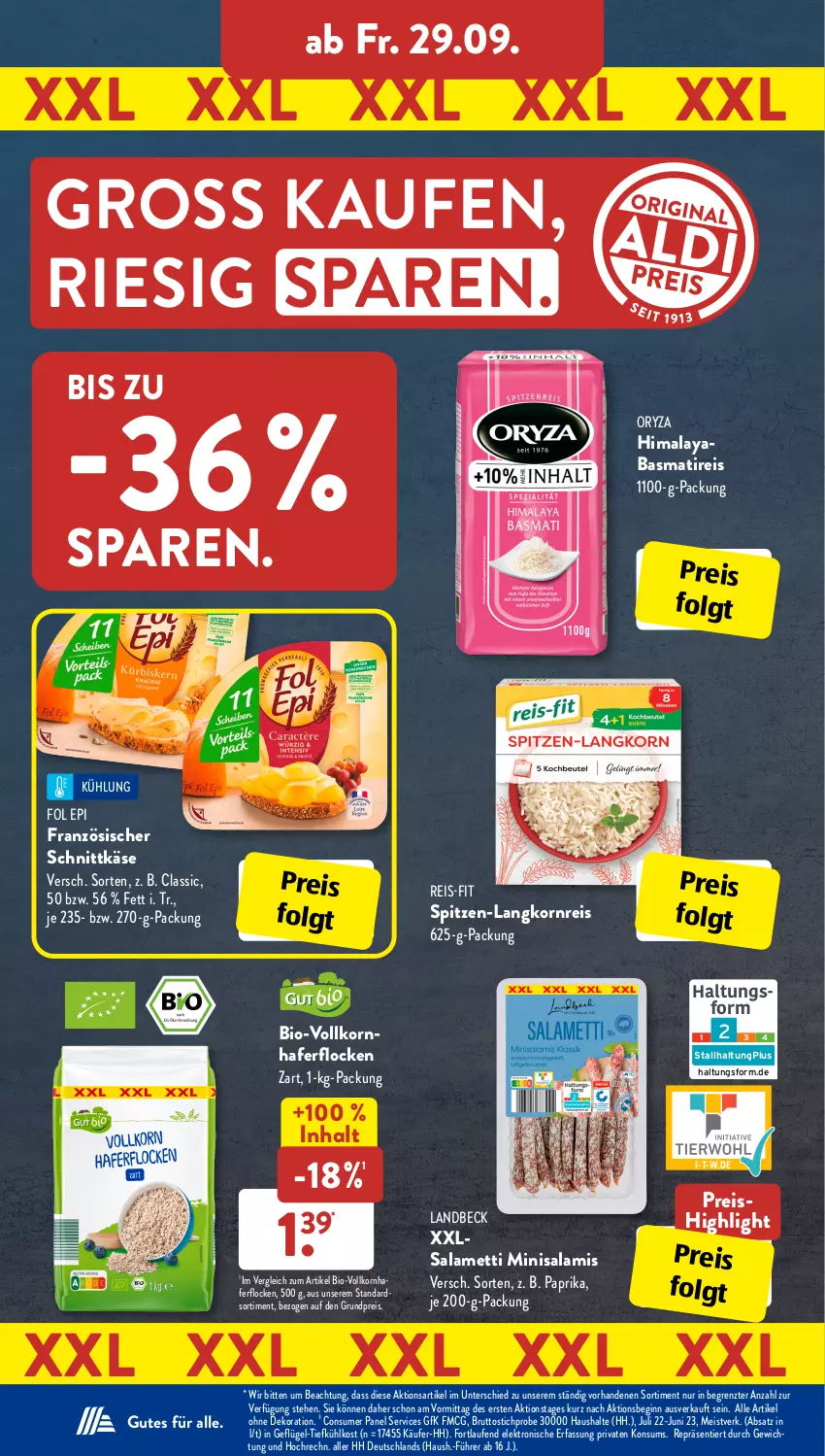 Aktueller Prospekt AldiSud - IN ZWEI WOCHEN - von 25.09 bis 30.09.2023 - strona 23 - produkty: alle artikel ohne dekoration, basmati, bio, brut, dekoration, eis, Elektro, fol epi, Geflügel, gin, hafer, haferflocken, HP, Käse, korn, Langkornreis, Laufen, LG, Mett, oryza, paprika, reis, reis-fit, salami, schnittkäse, spitzen-langkorn, Ti, tiefkühlkost, ZTE