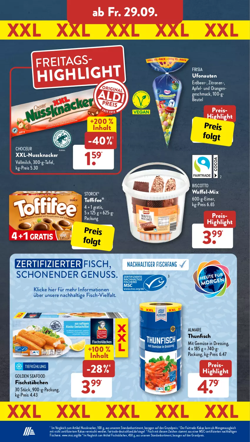 Aktueller Prospekt AldiSud - IN ZWEI WOCHEN - von 25.09 bis 30.09.2023 - strona 25 - produkty: almare, apfel, beutel, biscotto, dressing, eimer, eis, erde, fisch, fische, Fischer, fischstäbchen, kakao, knacker, LG, mac, milch, mit gemüse, nuss, Nussknacker, orange, orangen, reis, Schere, storck, thunfisch, Ti, toffifee, vollmilch, zitrone, zitronen