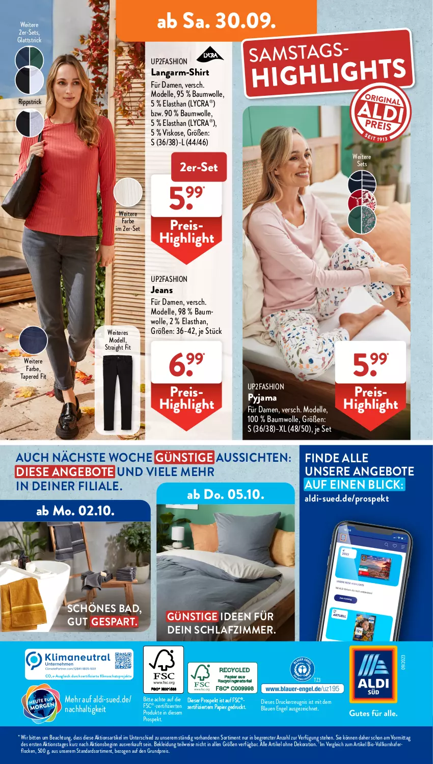 Aktueller Prospekt AldiSud - IN ZWEI WOCHEN - von 25.09 bis 30.09.2023 - strona 27 - produkty: aldi, alle artikel ohne dekoration, angebot, angebote, Bad, Bau, baumwolle, bio, dekoration, dell, drucker, eis, elle, Engel, gin, hafer, haferflocken, jeans, kerze, kleid, Kleidung, korn, Mode, papier, Pyjama, reis, schlafzimmer, shirt, Ti, up2fashion, wolle, ZTE