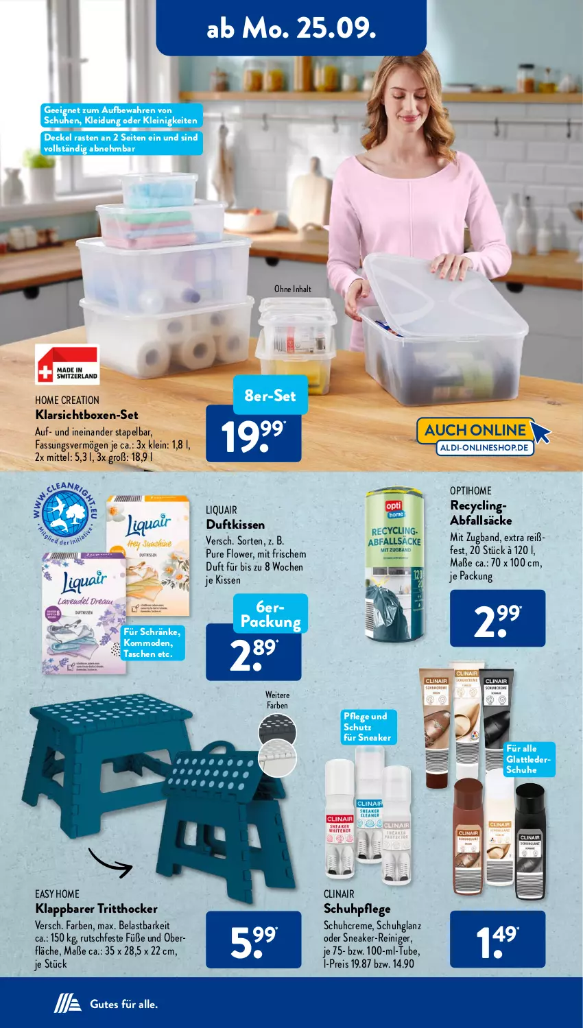 Aktueller Prospekt AldiSud - IN ZWEI WOCHEN - von 25.09 bis 30.09.2023 - strona 6 - produkty: aldi, Clin, creme, decke, Deckel, Duftkissen, eis, hocker, HP, kissen, Klarsichtbox, kleid, Kleidung, kommode, Lederschuhe, Mode, reiniger, reis, schuhe, Schuhpflege, sneaker, Tasche, taschen, Ti