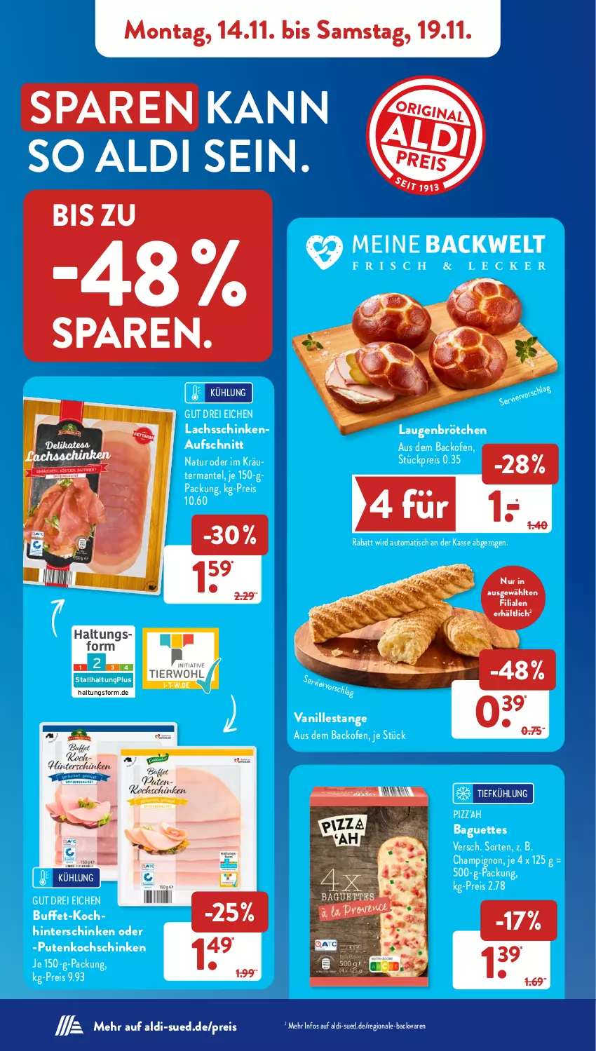 Aktueller Prospekt AldiSud - NÄCHSTE WOCHE - von 14.11 bis 19.11.2022 - strona 10 - produkty: aldi, aufschnitt, auto, backofen, backwaren, baguette, baguettes, brötchen, champignon, eis, hinterschinken, kochschinken, kräuter, lachs, lachsschinken, Mantel, natur, Ofen, pute, reis, schinken, Ti, tisch, vanille, Vanillestange