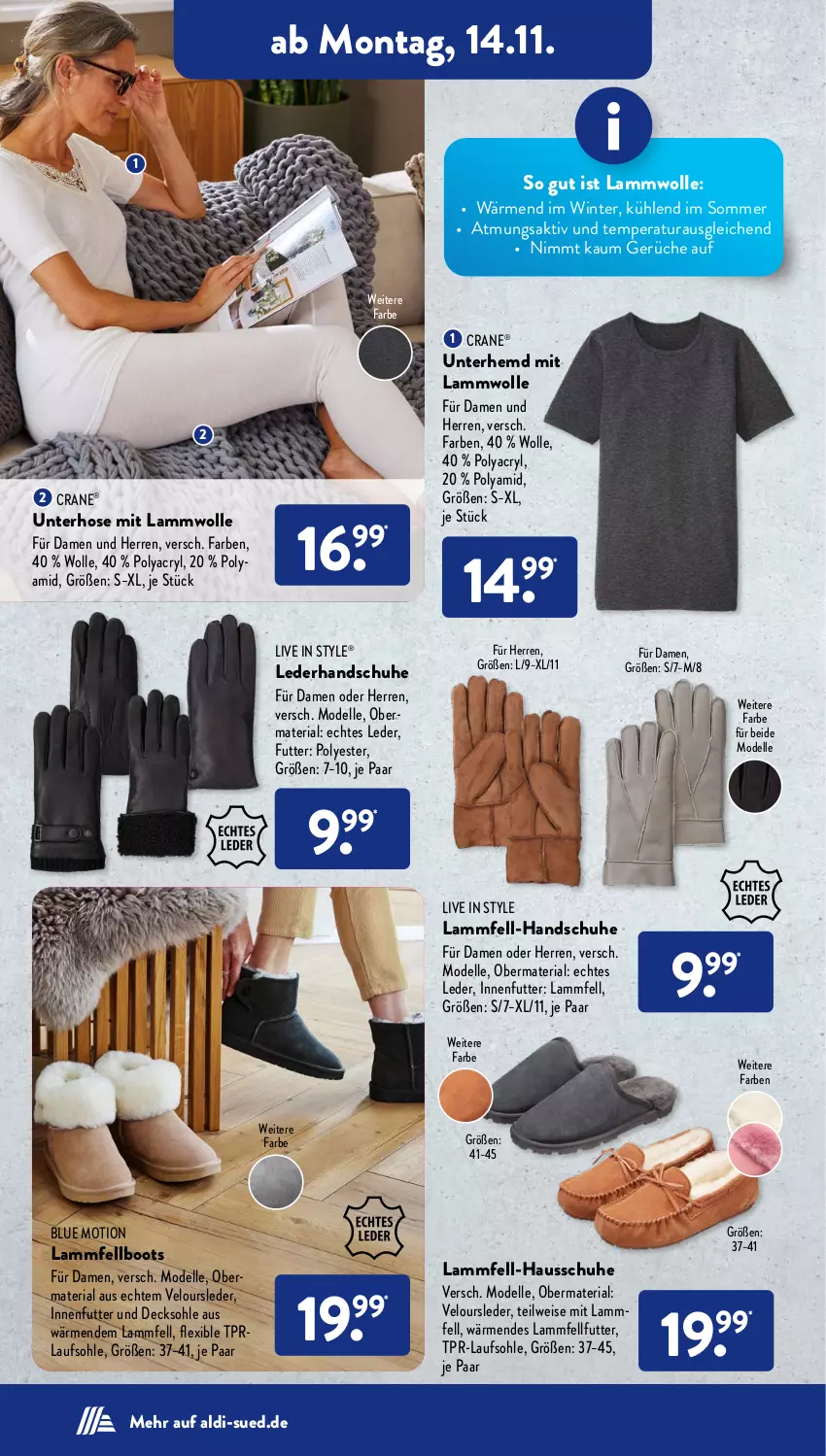 Aktueller Prospekt AldiSud - NÄCHSTE WOCHE - von 14.11 bis 19.11.2022 - strona 18 - produkty: aldi, decksohle, dell, eis, elle, handschuhe, Hausschuhe, hemd, hose, lamm, Lammfell, Mode, Ria, schuhe, Ti, Unterhemd, wolle