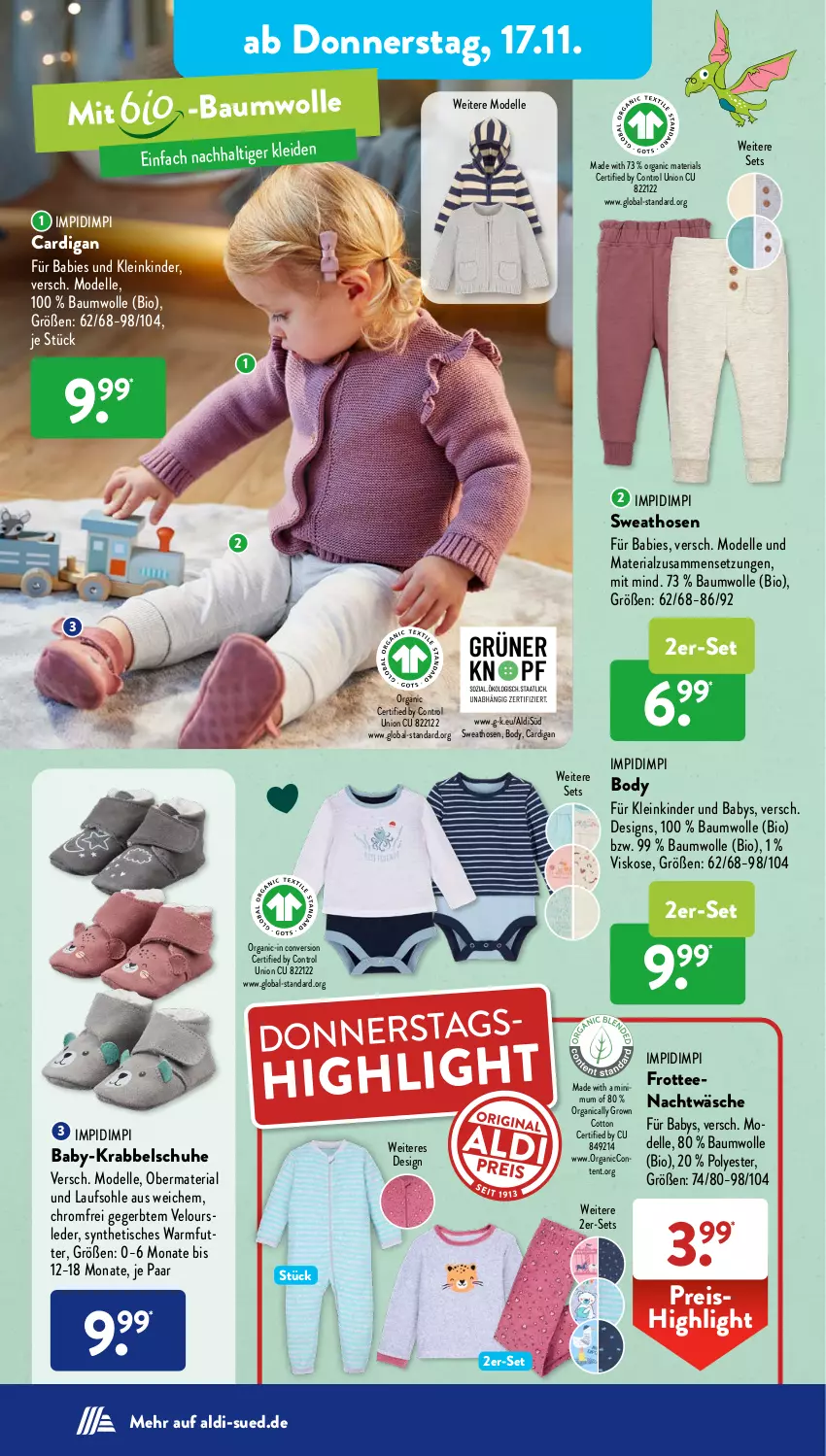 Aktueller Prospekt AldiSud - NÄCHSTE WOCHE - von 14.11 bis 19.11.2022 - strona 34 - produkty: aldi, Bau, baumwolle, bio, body, Cardigan, dell, eis, elle, hose, hosen, Kinder, Mode, reis, Ria, schuhe, Sweathose, tee, Ti, tisch, wolle