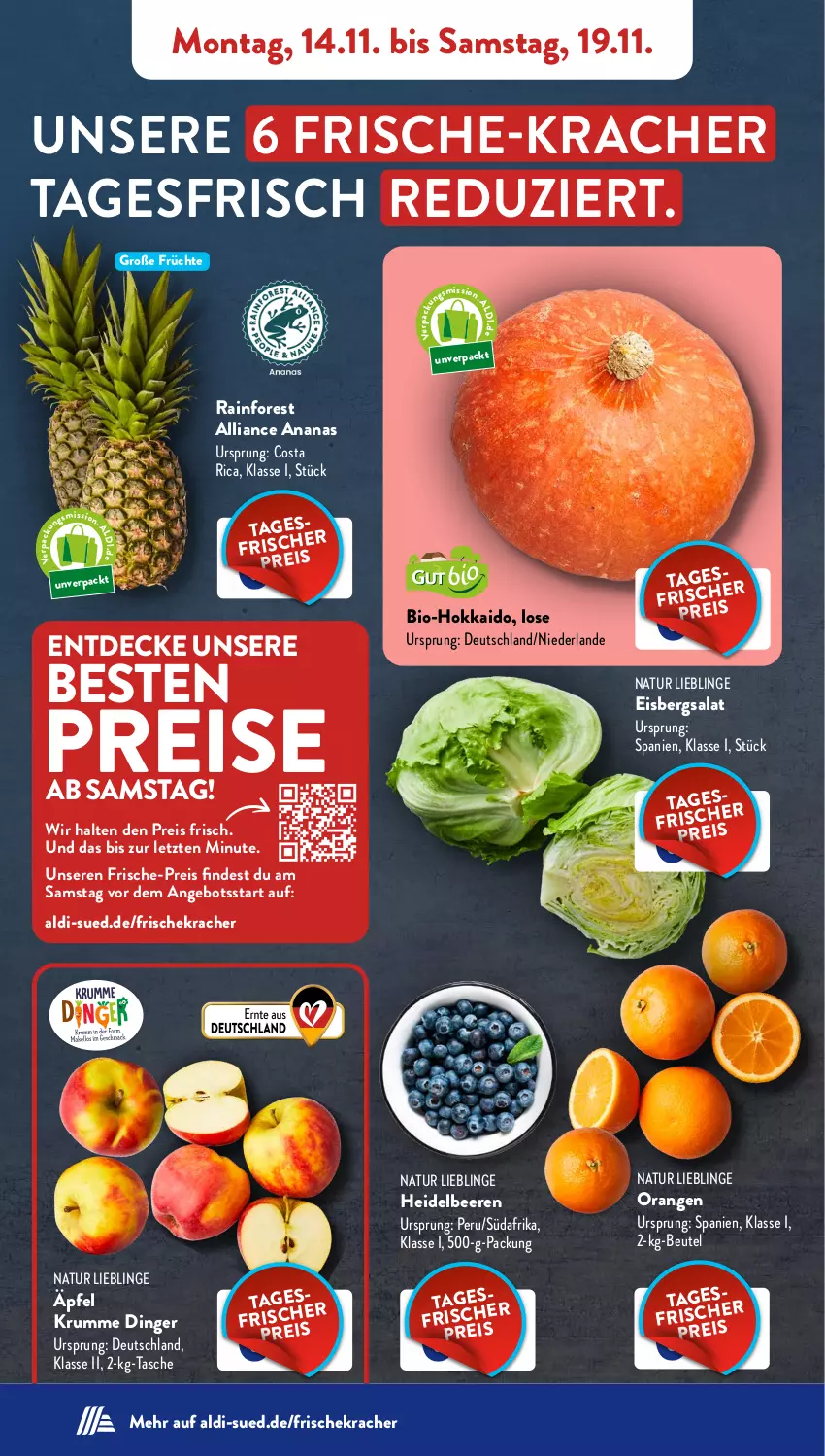 Aktueller Prospekt AldiSud - NÄCHSTE WOCHE - von 14.11 bis 19.11.2022 - strona 4 - produkty: aldi, ananas, angebot, beere, beeren, beutel, bio, decke, eis, eisbergsalat, früchte, heidelbeere, heidelbeeren, kracher, natur, orange, orangen, reis, rum, salat, Tasche, ZTE