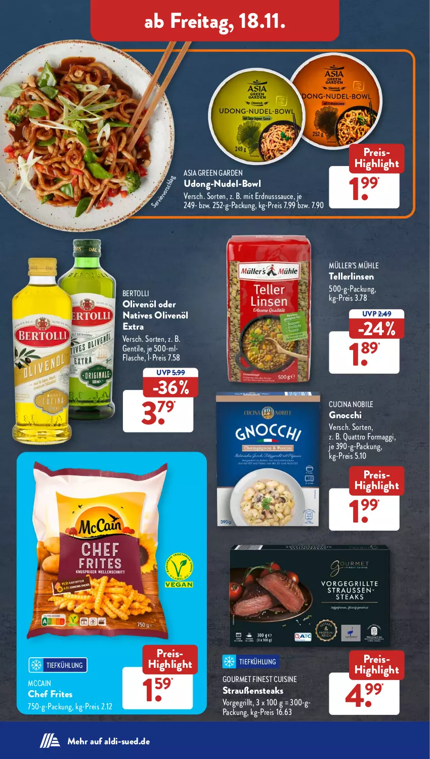 Aktueller Prospekt AldiSud - NÄCHSTE WOCHE - von 14.11 bis 19.11.2022 - strona 40 - produkty: aldi, Asia Green Garden, bertolli, cin, eis, elle, erdnuss, flasche, gnocchi, grill, linsen, maggi, mccain, Müller, natives olivenöl, nudel, nuss, olive, oliven, olivenöl, olivenöl extra, reis, sauce, steak, steaks, teller, Ti