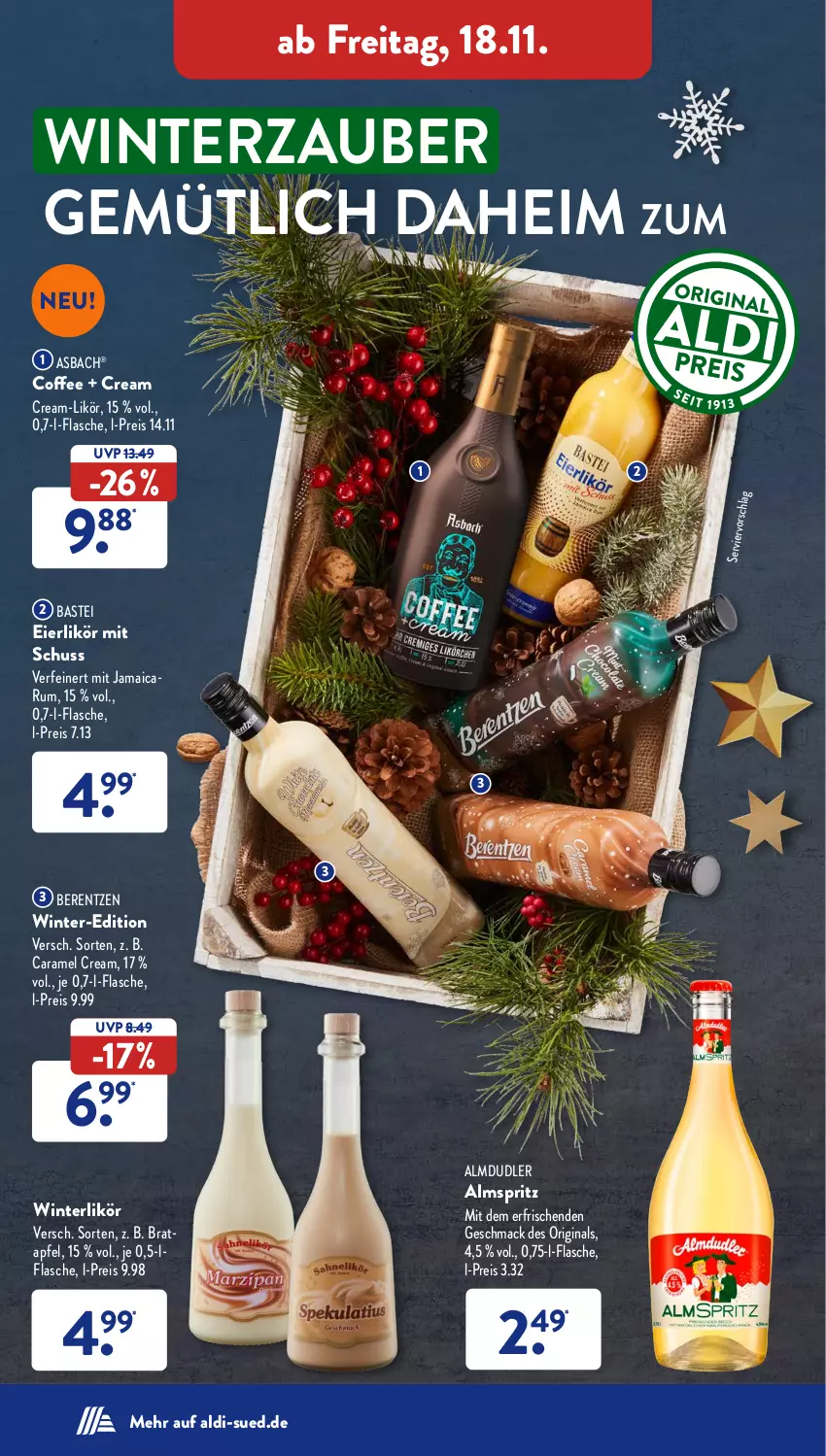 Aktueller Prospekt AldiSud - NÄCHSTE WOCHE - von 14.11 bis 19.11.2022 - strona 42 - produkty: aldi, almdudler, apfel, berentzen, caramel, eier, eierlikör, eis, flasche, gin, likör, mac, reis, rum, Ti