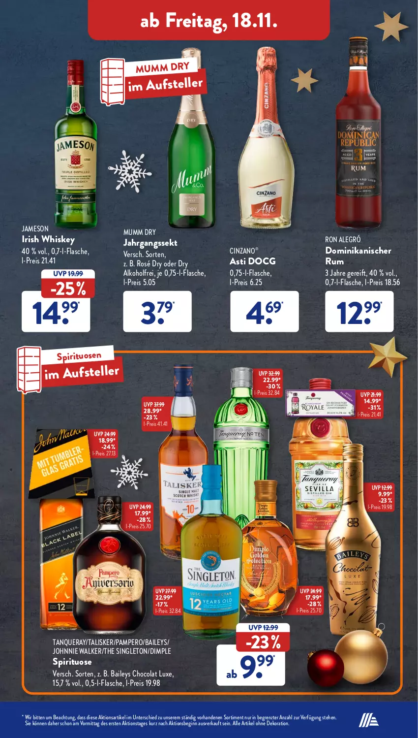 Aktueller Prospekt AldiSud - NÄCHSTE WOCHE - von 14.11 bis 19.11.2022 - strona 43 - produkty: alkohol, alle artikel ohne dekoration, asti, baileys, cin, cinzano, cola, dekoration, eis, elle, flasche, gin, irish whiskey, jahrgangssekt, jameson, johnnie walker, mumm, reis, rum, sekt, spirituosen, Tanqueray, teller, Ti, whiskey, ZTE