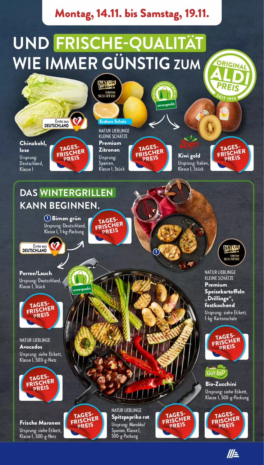 Aktueller Prospekt AldiSud - NÄCHSTE WOCHE - von 14.11 bis 19.11.2022 - strona 5 - produkty: avocado, avocados, bio, bio-zucchini, Birnen, eis, gin, grill, kartoffel, kartoffeln, kiwi, Kiwi Gold, leine, natur, paprika, paprika rot, Schal, Schale, speisekartoffeln, Spitzpaprika, Ti, zitrone, zitronen, zucchini