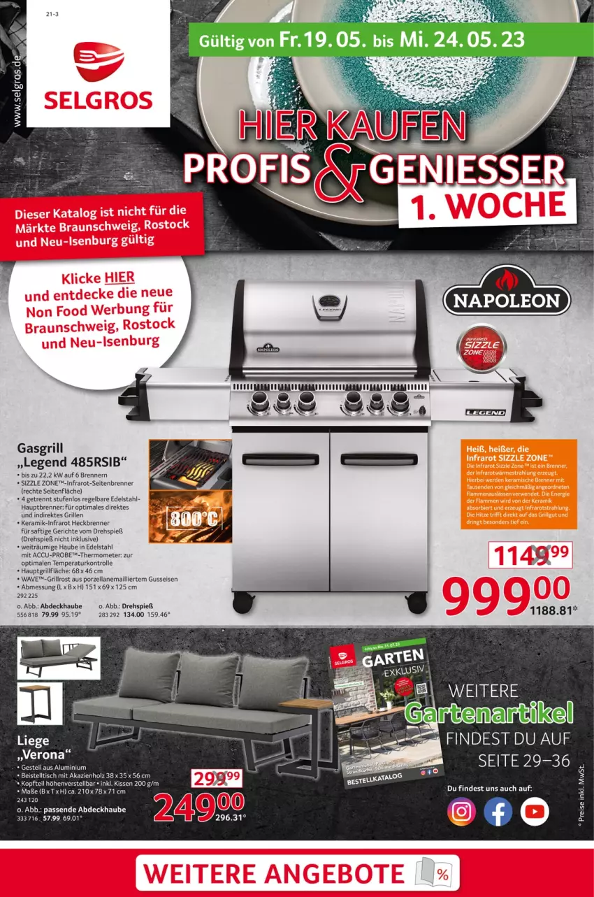 Aktueller Prospekt Selgros - Nonfood - von 19.05 bis 24.05.2023 - strona 1 - produkty: abdeckhaube, ACC, beistelltisch, edelstahl, eis, gasgrill, grill, grillfläche, grillrost, Holz, kissen, Liege, saft, thermometer, Ti, tisch