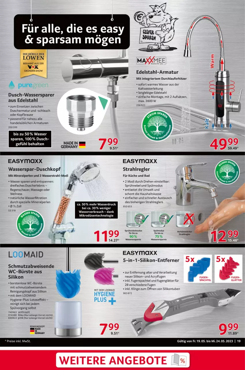 Aktueller Prospekt Selgros - Nonfood - von 19.05 bis 24.05.2023 - strona 19 - produkty: angebot, angebote, armatur, armaturen, auer, aust, Bad, brause, bürste, dusche, easymaxx, edelstahl, eis, elle, ente, Fugenglätter, Germ, küche, perlen, Rauch, Reinigung, schlauch, spachtel, Spezi, Ti, wasser, WC-Bürste