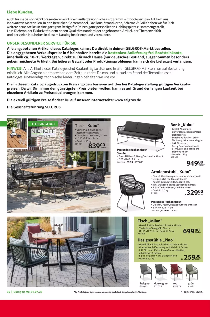 Aktueller Prospekt Selgros - Nonfood - von 19.05 bis 24.05.2023 - strona 30 - produkty: angebot, angebote, armlehnstuhl, Bank, eis, elle, erde, Garten, gartenmöbel, grill, HP, kissen, latte, LG, möbel, natur, ndk, neuheit, pavillon, reis, Ria, Rückenkissen, schirme, Sitzhöhe, sitzkissen, stuhl, Stühl, Ti, Tiere, tisch, tischplatte, wolle