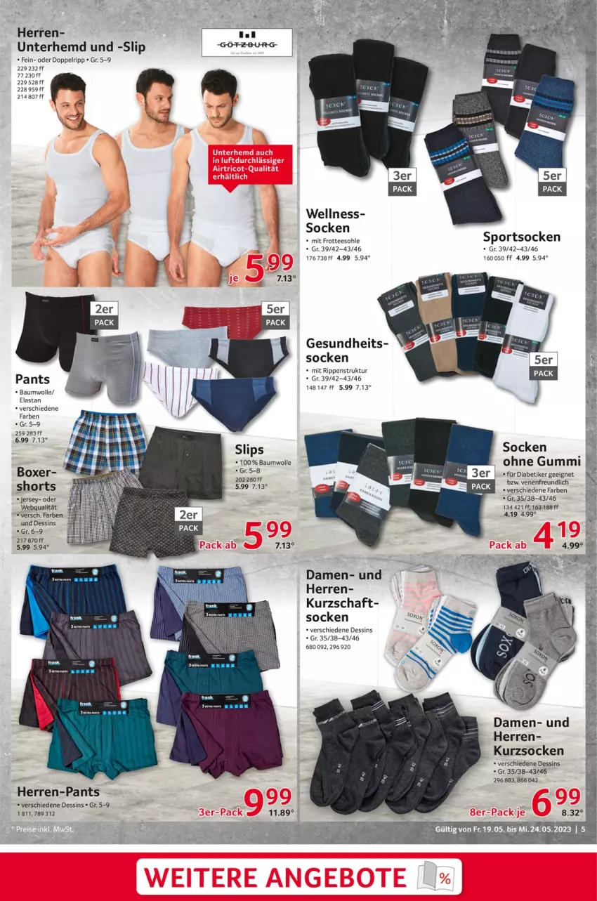 Aktueller Prospekt Selgros - Nonfood - von 19.05 bis 24.05.2023 - strona 5 - produkty: Bau, baumwolle, Gesundheit, hemd, herren-pants, mam, mit frotteesohle, Pants, Rippen, shorts, slip, slips, socken, Sport, sportsocken, tee, Ti, Unterhemd, wolle