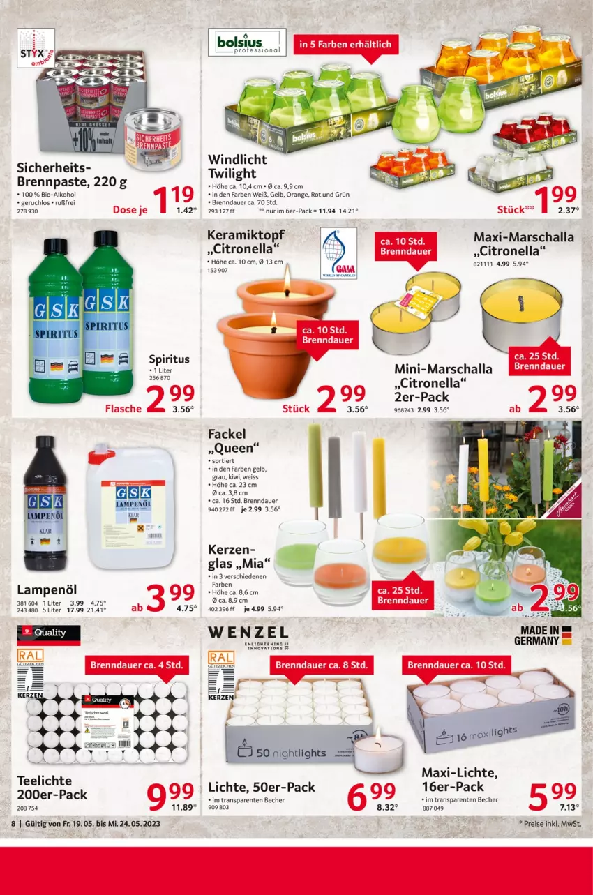 Aktueller Prospekt Selgros - Nonfood - von 19.05 bis 24.05.2023 - strona 8 - produkty: alkohol, auer, Becher, bio, Brennpaste, eis, ente, Germ, kerze, kiwi, Lampe, mars, orange, reis, Schal, spiritus, tee, Teelicht, teelichte, Ti, topf, windlicht