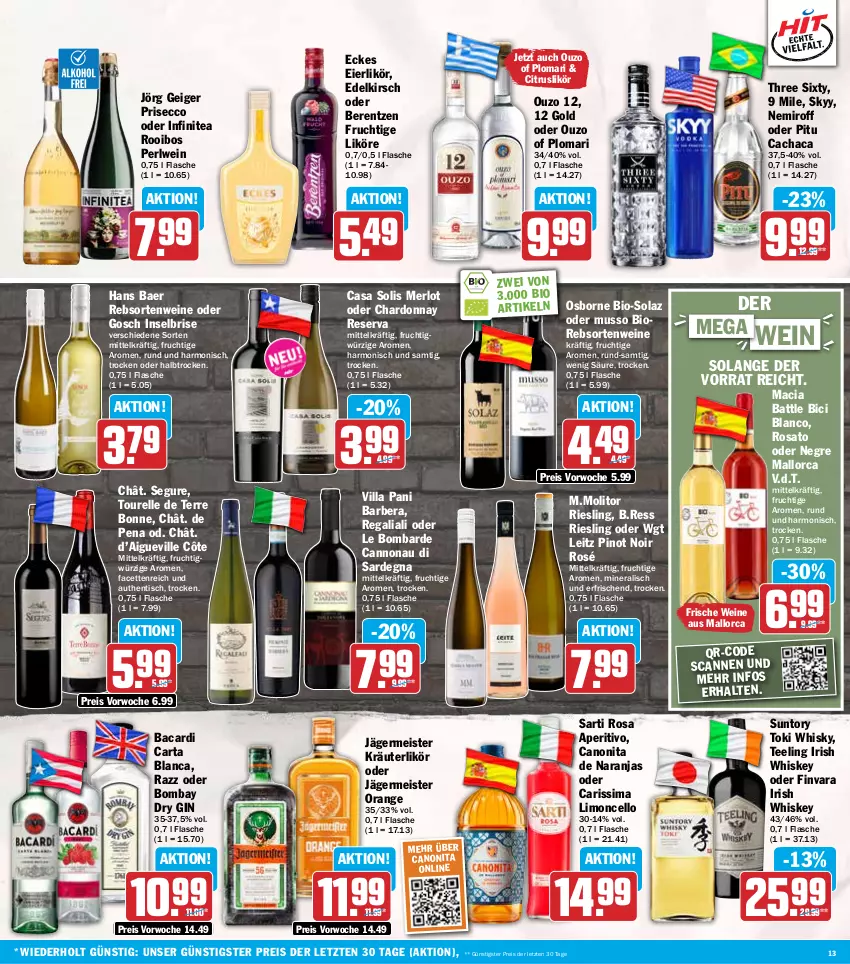 Aktueller Prospekt Hit - Wochenprospekt - von 08.09 bis 13.09.2025 - strona 13 - produkty: bacardi, berentzen, bio, Cachaca, canon, chardonnay, citrus, dry gin, ecco, eier, eierlikör, eis, elle, flasche, frucht, Germ, gin, irish whiskey, jägermeister, kirsch, kräuter, kräuterlikör, leitz, likör, limo, mac, Meister, merl, merlot, olaz, orange, osborne, ouzo, ouzo 12, Pinot, pinot noir, rebsortenweine, regal, reis, rel, riesling, rosato, sim, skyy, tee, Three Sixty, Ti, tisch, wein, weine, whiskey, whisky, ZTE