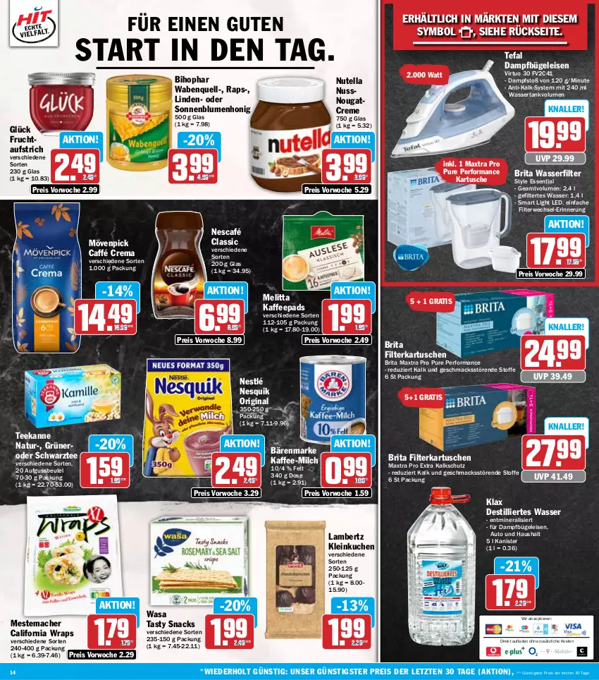 Aktueller Prospekt Hit - Wochenprospekt - von 08.09 bis 13.09.2025 - strona 14 - produkty: Amber, aufstrich, auto, bärenmarke, beutel, bihophar, blume, blumen, brita, bügel, Bügeleisen, creme, dampfbügeleisen, eis, filterkartuschen, frucht, fruchtaufstrich, gin, honig, kaffee, kaffeepads, kuchen, lambertz, mac, Maxtra, melitta, mestemacher, milch, mövenpick, natur, nero, Nescafé, nesquik, nestlé, Nougatcreme, nuss, nutella, reis, rwe, snack, snacks, sonnenblume, sonnenblumen, tee, teekanne, tefal, Ti, Tiere, wasa, wasser, wasserfilter, wassertank, wrap, wraps, ZTE