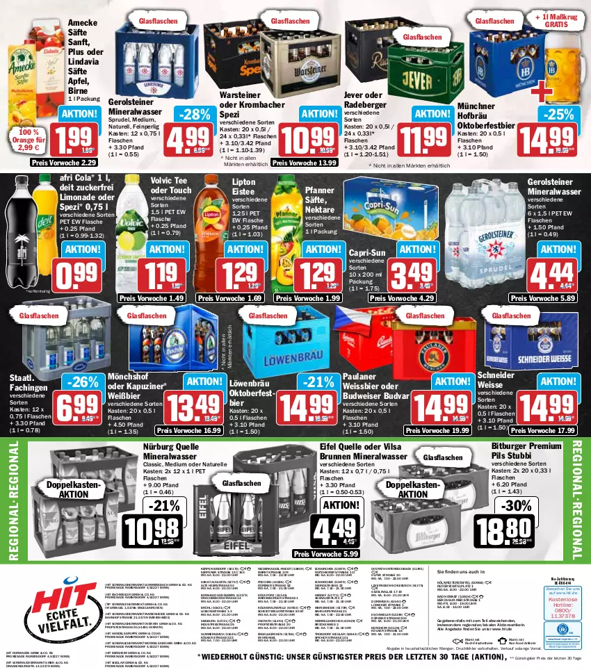 Aktueller Prospekt Hit - Wochenprospekt - von 08.09 bis 13.09.2025 - strona 18 - produkty: Afri Cola, Alwa, amecke, angebot, angebote, apfel, auer, Bad, Berger, bier, bio, bitburger, braun, brunnen, budweiser, burger, Cap, capri-sun, cola, deit, eimer, eis, eistee, elle, Engel, fisch, flasche, gerolsteine, gerolsteiner, glasflasche, jever, krombache, krombacher, limo, limonade, lipton, Lübecker, mineralwasser, Mineralwasser Classic, mönchshof, natur, Nektar, orange, Paula, paulaner, pfanne, Pfanner, pils, premium pils, radeberger, Rauch, reis, rel, säfte, Spezi, Sprudel, Staatl. Fachingen, steiner, tee, Ti, uhr, vilsa, volvic, warsteiner, wasser, weissbier, ZTE, zucker
