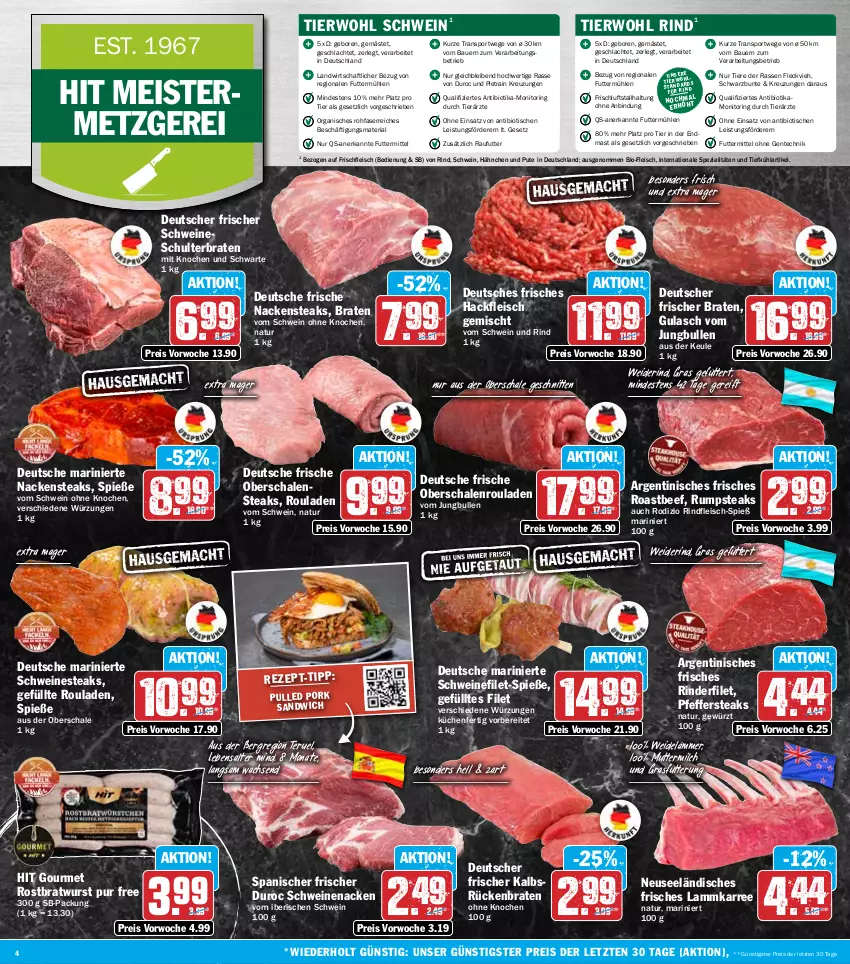 Aktueller Prospekt Hit - Wochenprospekt - von 08.09 bis 13.09.2025 - strona 4 - produkty: auer, Bau, Bauer, beef, bio, braten, bratwurst, eis, ente, filet, fleisch, Geflügel, gewürz, gulasch, hackfleisch, hackfleisch gemischt, jungbullen, küche, Küchen, lamm, Meister, milch, monitor, Nackensteak, nackensteaks, natur, Nestea, Oberschalenrouladen, pfeffer, Pulled Pork, pute, reis, Ria, rind, rinder, rinderfilet, rindfleisch, ring, roastbeef, rostbratwurst, rouladen, Rückenbraten, rum, rumpsteak, sandwich, Schal, Schale, schnitten, schwein, schwein und rind, schweine, schweinefilet, schweinenacken, Spezi, Sport, steak, steaks, Ti, Tiere, tisch, vom schwein und rind, wein, weine, wurst, ZTE