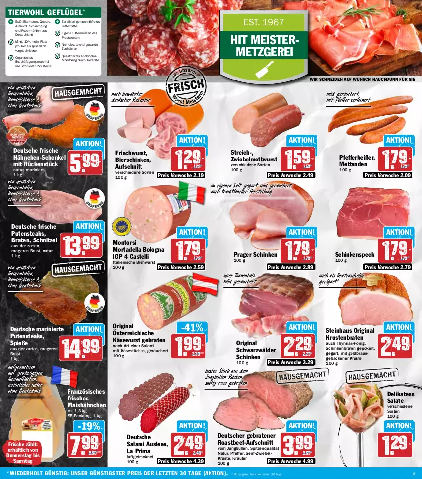 Aktueller Prospekt Hit - Wochenprospekt - von 08.09 bis 13.09.2025 - strona 5 - produkty: auer, aufschnitt, Bau, Bauer, beef, bier, bierschinken, bio, braten, braun, Brühwurst, dell, eis, elle, ente, Frische Hähnchen, geback, Geflügel, gin, hähnchen-schenkel, henkel, Holz, honig, jungbullen, Käse, Käsewurst, kräuter, krustenbraten, mais, Meister, Mett, metten, Mettenden, mettwurst, monitor, montorsi, mortadella, natur, pfeffer, Pfefferbeißer, pute, putensteaks, reis, rezept, Ria, ring, roastbeef, saft, salami, salat, salate, schenkel, schinken, schinkenbraten, schinkenspeck, schnitzel, schwarzwälder schinken, senf, Speck, spitzenqualität, steak, steaks, steinhaus, Ti, Tiere, wurst, ZTE, zwiebel, zwiebelmettwurst