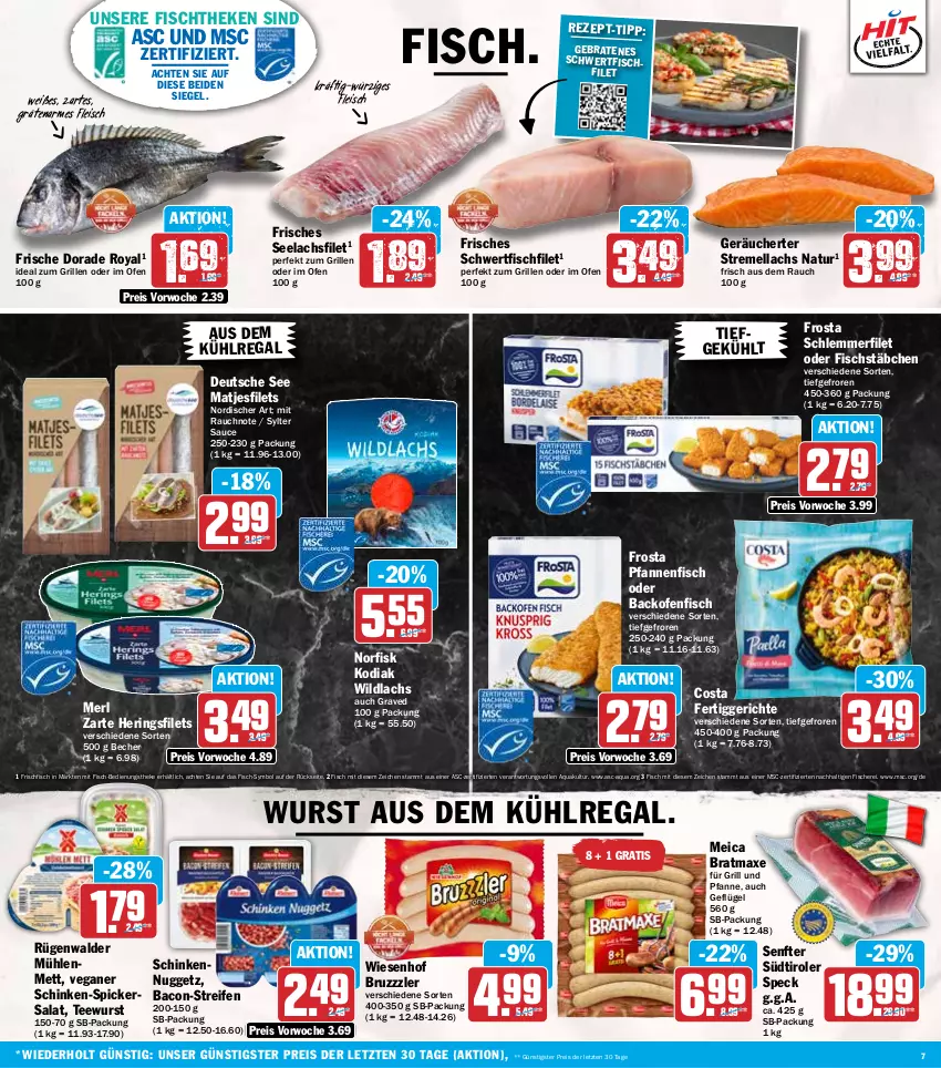 Aktueller Prospekt Hit - Wochenprospekt - von 08.09 bis 13.09.2025 - strona 7 - produkty: aqua, aus dem kühlregal, axe, backofen, bacon, Becher, braten, bratmaxe, bruzzzler, Dorade, dorade royal, eis, fertiggericht, fertiggerichte, filet, filets, fisch, fische, Fischer, fischstäbchen, fischtheke, fleisch, frischfisch, frosta, für grill und pfanne, Geflügel, grill, grill und pfanne, hering, Herings, heringsfilets, ideal zum grillen, kühlregal, lachs, lachsfilet, matjes, Matjesfilet, matjesfilets, meica, merl, Mett, natur, Ofen, pfanne, pfannen, Rauch, regal, reifen, reis, ring, rügenwalder, rügenwalder mühle, salat, sauce, Schere, schinken, schlemmerfilet, seelachsfilet, senf, Speck, südtiroler, Sylter, tee, teewurst, Ti, und pfanne, wiesenhof, Wild, wildlachs, wurst, ZTE