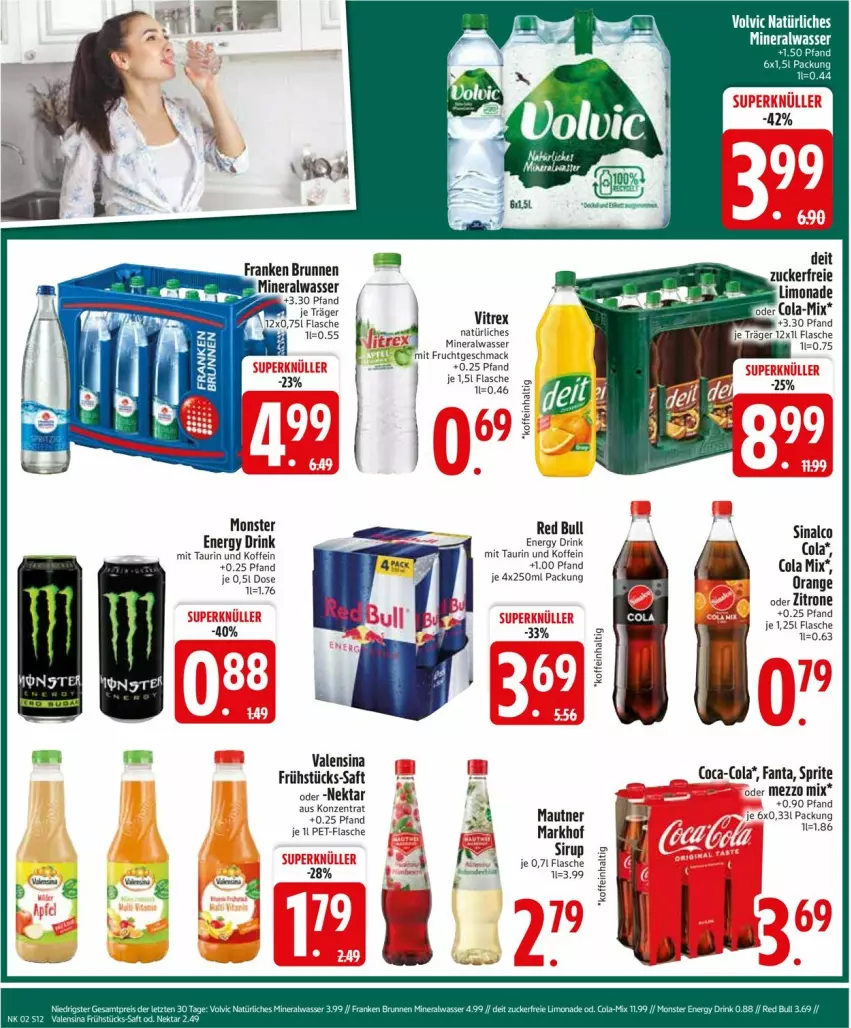 Aktueller Prospekt Edeka - Prospekte - von 06.01 bis 11.01.2025 - strona 14 - produkty: Alwa, brunnen, coca-cola, cola, drink, energy drink, fanta, flasche, franken brunnen, frucht, mac, Mautner, mineralwasser, mit frucht, monster, Monster Energy, Nektar, orange, pet-flasche, red bull, saft, sinalco, sprite, Tasche, Ti, valensina, vitrex, wasser, zitrone