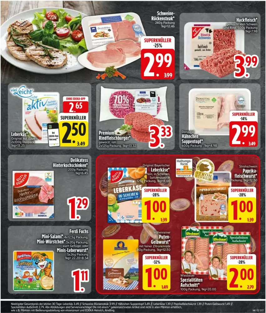 Aktueller Prospekt Edeka - Prospekte - von 06.01 bis 11.01.2025 - strona 19 - produkty: Abtei, aufschnitt, deka, eis, ente, fleisch, fleischwurst, Geflügel, Käse, leberkäs, leberkäse, leberwurst, Mini-Salami, Mini-Würstchen, paprika, pute, reis, Rückensteak, salami, schwein, schweine, Spezi, spitzenqualität, steak, suppe, suppen, Ti, topf, wein, weine, wurst, würstchen, ZTE