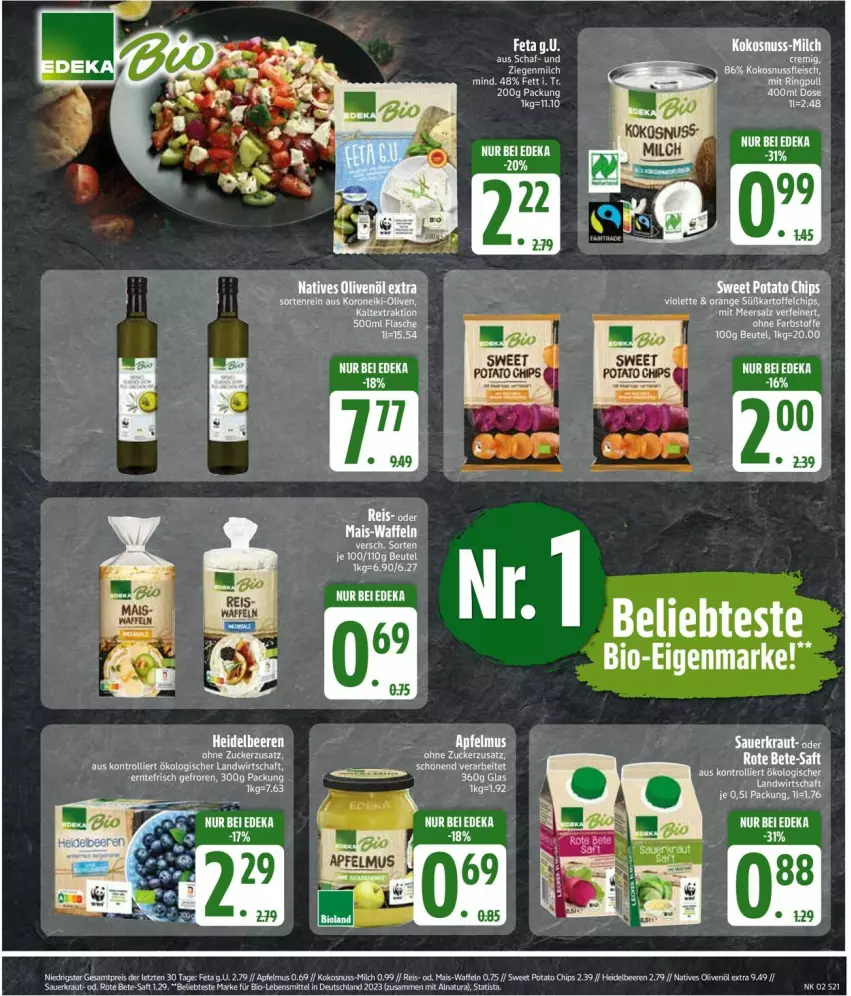 Aktueller Prospekt Edeka - Prospekte - von 06.01 bis 11.01.2025 - strona 23 - produkty: apfel, apfelmus, auer, beere, beeren, bio, chips, eis, feta, flasche, heidelbeere, heidelbeeren, kartoffel, kartoffelchips, kokos, kokosnuss, Kraut, mais, milch, natives olivenöl, natur, natura, nuss, olive, oliven, olivenöl, olivenöl extra, orange, reis, Sauerkraut, Ti, trolli, waffeln, ZTE, zucker