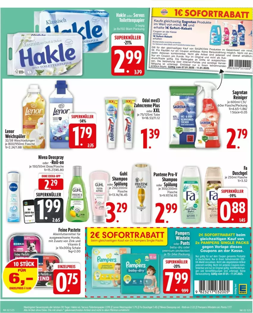 Aktueller Prospekt Edeka - Prospekte - von 06.01 bis 11.01.2025 - strona 27 - produkty: alleinfuttermittel, Bau, coupon, deo, deospray, duschgel, eis, fa duschgel, flasche, Guhl, lenor, lenor weichspüler, nivea, Odol, odol med, odol med3, pantene, pantene pro-v, pastete, pro-v, reiniger, reis, roll-on, sagrotan, Schal, Schale, shampoo, shampoo oder spülung, spülung, Ti, vita, weichspüler