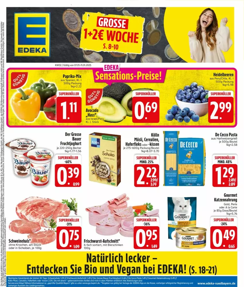 Aktueller Prospekt Edeka - Prospekte - von 06.01 bis 11.01.2025 - strona 3 - produkty: auer, aufschnitt, Becher, beere, beeren, beutel, bier, bierschinken, bio, cerealien, De Cecco, decke, deka, ecco, frischwurst-aufschnitt, frucht, fruchtjoghurt, hafer, haferfleks, hartweizen, heidelbeere, heidelbeeren, joghur, joghurt, katzennahrung, kissen, kölln, müsli, paprika, pasta, schinken, schwein, schweine, Ti, wein, weine, wurst