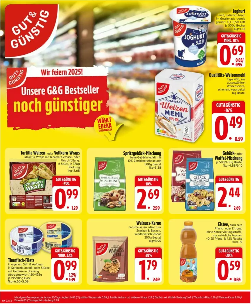 Aktueller Prospekt Edeka - Prospekte - von 06.01 bis 11.01.2025 - strona 8 - produkty: Becher, beutel, blume, blumen, blumenöl, dressing, eis, eistee, filet, filets, fisch, flasche, fleisch, korn, mac, mehl, mit gemüse, natur, nuss, pfirsich, saft, schoko, schokolade, snack, sonnenblume, sonnenblumen, sonnenblumenöl, Spritzgebäck, tee, thunfisch, Ti, tortilla, type 405, walnuss, weizenmehl, wrap, wraps, Zartbitterschokolade, zitrone