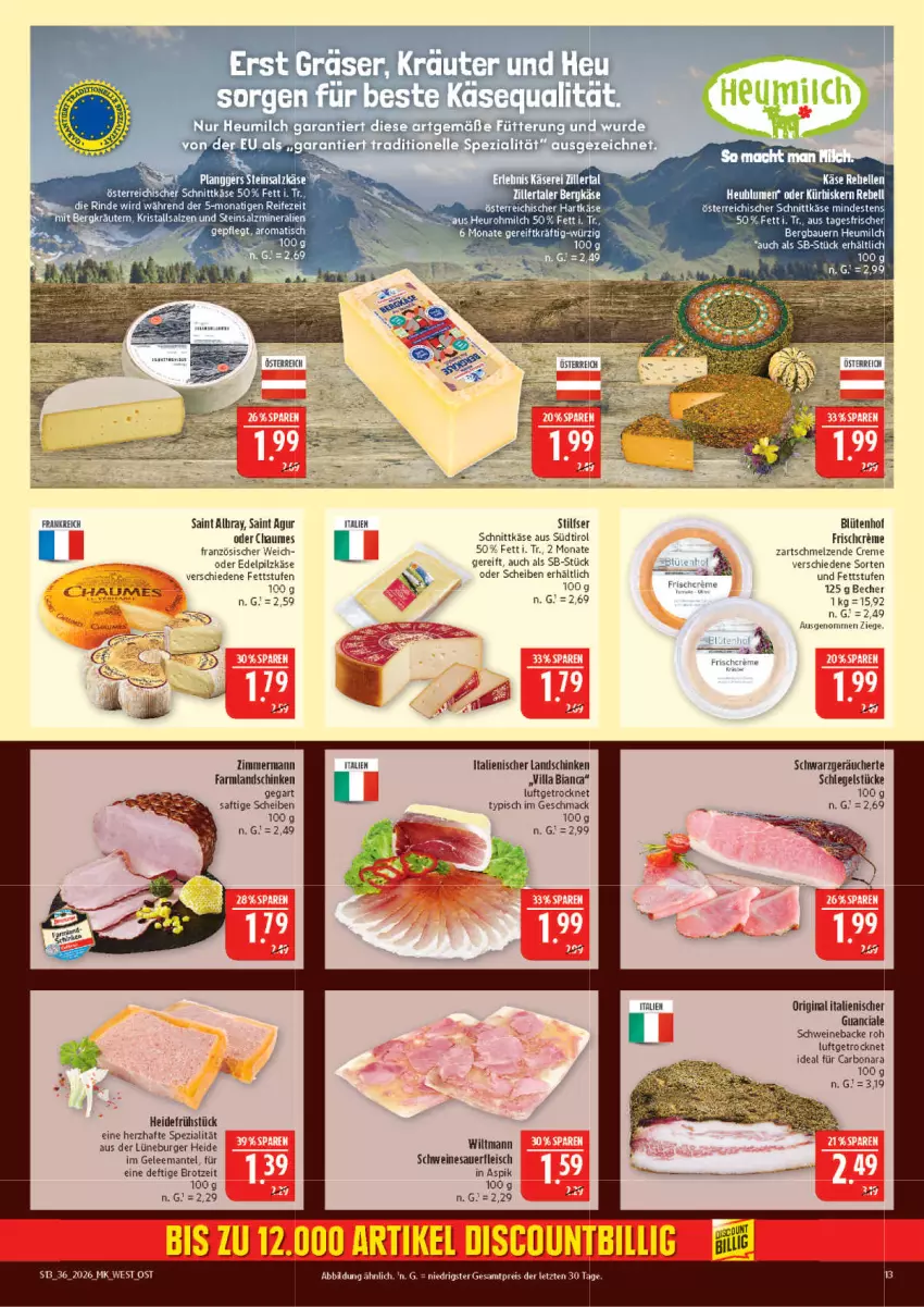 Aktueller Prospekt Marktkauf - Prospekt - von 30.08 bis 05.09.2026 - strona 13 - produkty: albray, auer, Bau, Bauer, Becher, Blüte, Bona, brot, burger, chaumes, creme, eis, elle, ente, fleisch, gelee, gin, heidefrühstück, Heu, heumilch, Käse, landschinken, mac, Mantel, milch, österreichischer schnittkäse, rebell, reis, saft, Saint Agur, saint albray, schinken, schnittkäse, schwein, schweine, Spezi, tee, Ti, wein, weine, wiltmann, ZTE