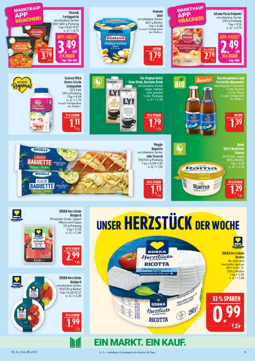 Aktueller Prospekt Marktkauf - Prospekt - von 30.08 bis 05.09.2026 - strona 15 - produkty: ACC, antipasti, asti, Becher, deka, eis, fertiggericht, Focaccia, gin, hilcona, kartoffel, milch, pasta, rama, reis, ricotta, sac, sahne, salami, schlagsahne, Ti, Yo, YouCook, ZTE