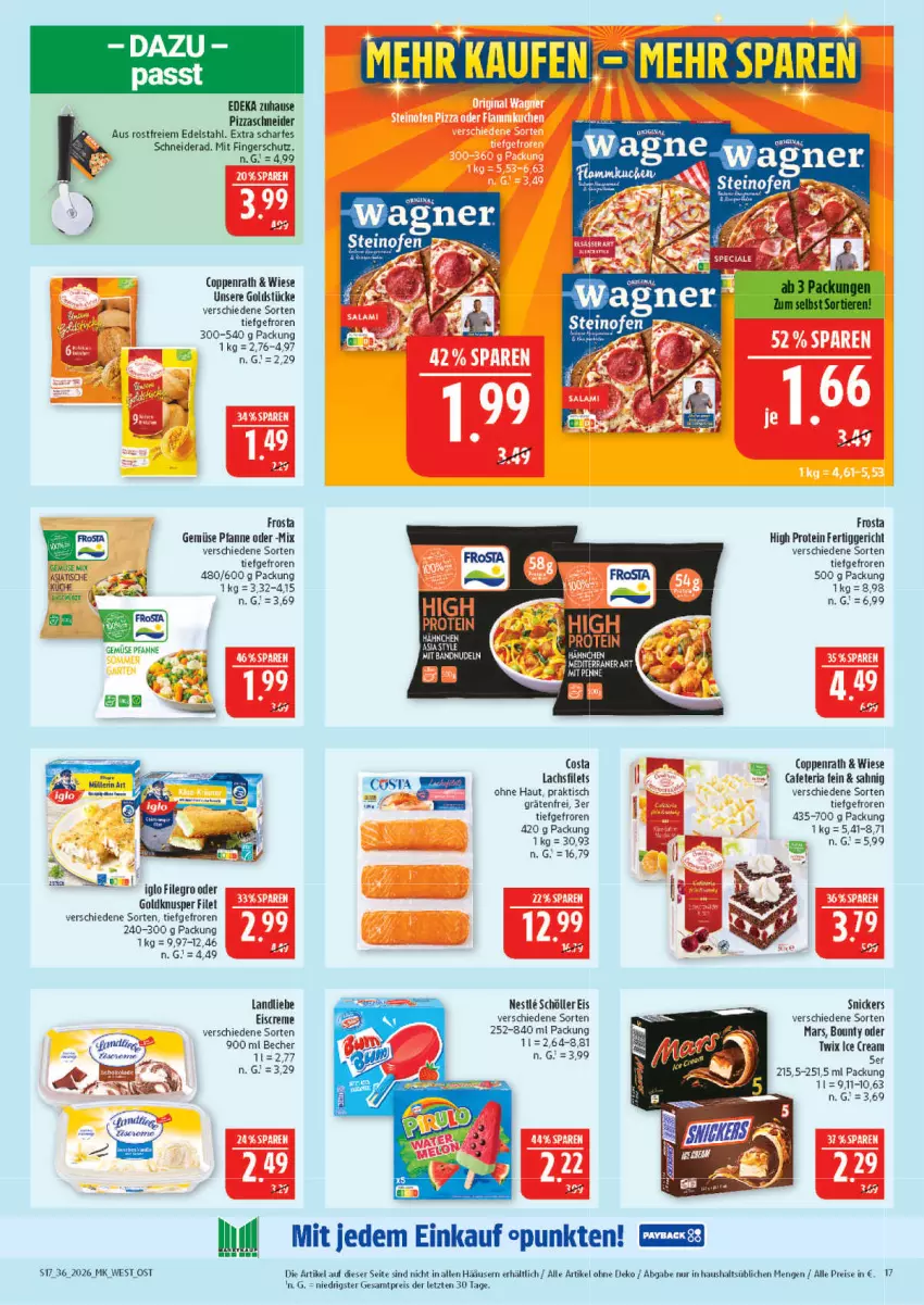 Aktueller Prospekt Marktkauf - Prospekt - von 30.08 bis 05.09.2026 - strona 17 - produkty: Becher, bounty, coppenrath, creme, deka, edelstahl, eis, eiscreme, fertiggericht, filegro, filet, filets, frosta, Gemüse Mix, gin, Goldstücke, iglo, lachs, lachsfilet, lachsfilets, landliebe, landliebe eiscreme, mars, Müller, müllerin art, oder twix, penne, pfanne, pizza, reis, Ria, Schöller, snickers, Ti, tisch, twix, ZTE