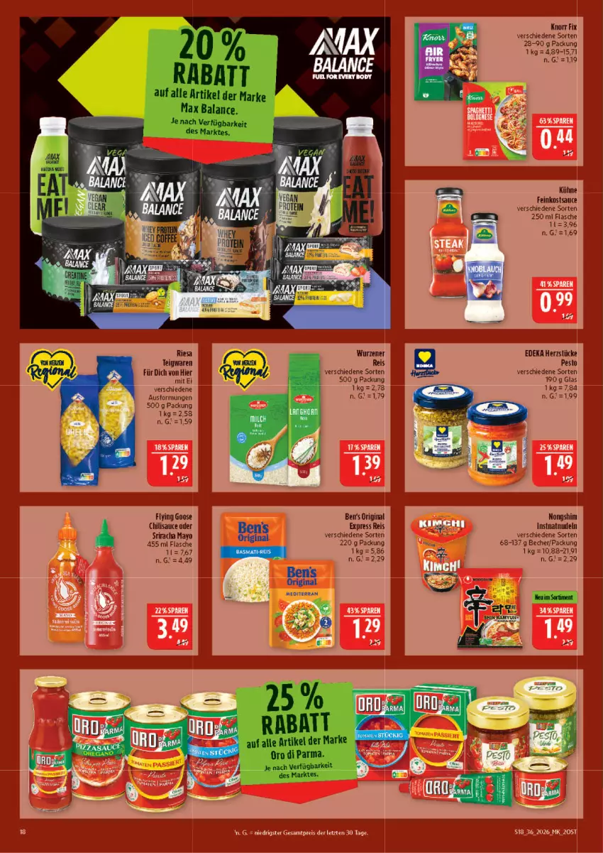 Aktueller Prospekt Marktkauf - Prospekt - von 30.08 bis 05.09.2026 - strona 18 - produkty: Becher, Ben’s Original, chili, deka, eis, feinkost, flasche, gin, knorr, knorr fix, Kühne, nudel, nudeln, pesto, reis, riesa, sauce, Sriracha, teigwaren, Ti, Yo