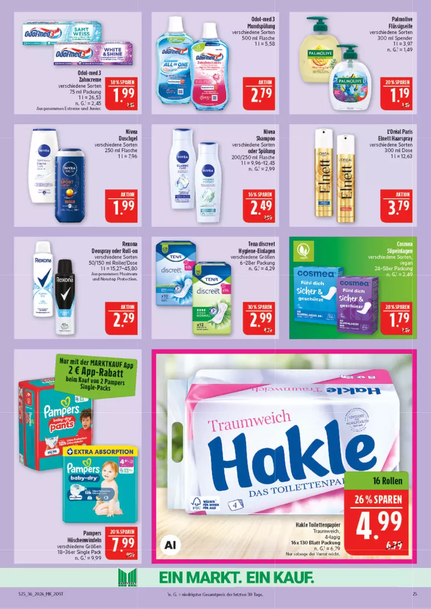 Aktueller Prospekt Marktkauf - Prospekt - von 30.08 bis 05.09.2026 - strona 25 - produkty: cosmea, creme, deo, deospray, Discreet, duschgel, eis, flasche, flüssigseife, haarspray, hakle, hakle toilettenpapier, mundspülung, nivea, Odol, Odol-med 3, olive, palmolive, pampers, papier, reis, roll-on, Roller, Seife, shampoo, slip, slipeinlagen, spülung, Ti, toilettenpapier, windeln, zahncreme, ZTE