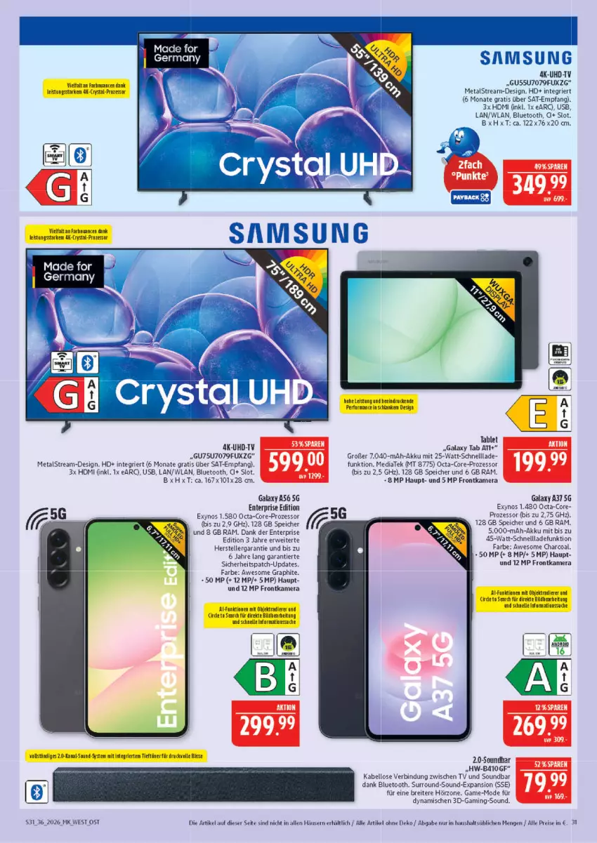 Aktueller Prospekt Marktkauf - Prospekt - von 30.08 bis 05.09.2026 - strona 31 - produkty: akku, Brei, eis, elle, ente, frontkamera, Germ, HDMI, kamera, Mode, reis, rwe, schnellladefunktion, soundbar, tablet, teller, Ti, uhd, UHD-TV, usb