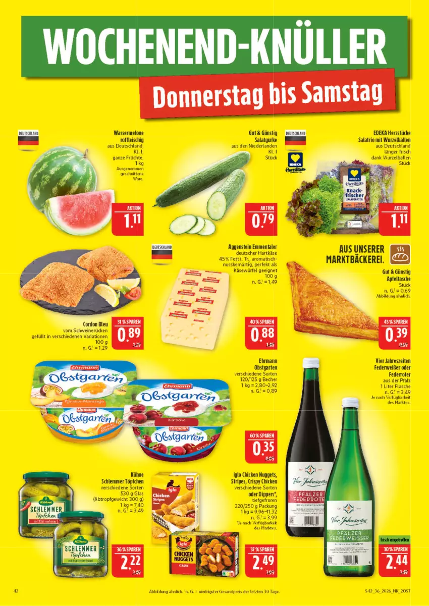 Aktueller Prospekt Marktkauf - Prospekt - von 30.08 bis 05.09.2026 - strona 42 - produkty: apfel, Apfeltasche, ball, Becher, chicken nuggets, deka, dip, ehrmann, eis, emmentaler, flasche, fleisch, früchte, Garten, hartkäse, iglo, Käse, Kühne, melone, nuggets, nuss, obst, obstgarten, reis, Ria, rwe, salat, schnitten, Tasche, Ti, tisch, Töpfchen, wasser, wassermelone, würfel, ZTE