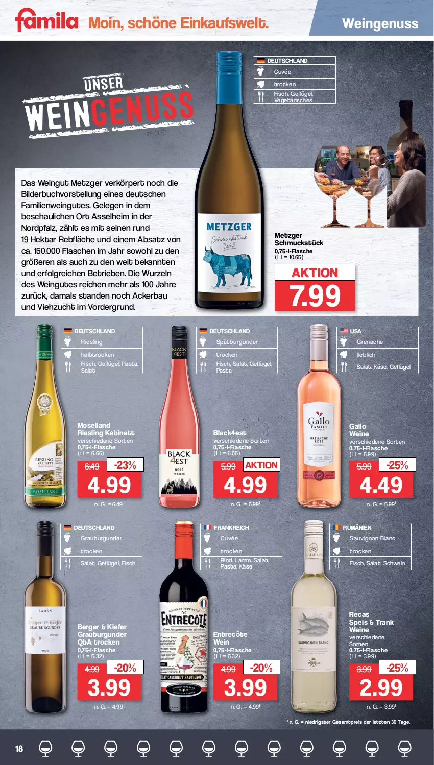 Aktueller Prospekt Famila - Prospekte - von 24.07 bis 29.07.2023 - strona 18 - produkty: Bau, Berger, buch, burgunder, cuvée, eis, entrecôte, fisch, flasche, gallo, Geflügel, grauburgunder, kabinett, Käse, lack, lamm, LG, moselland, nuss, pasta, reis, riesling, rind, rum, salat, sauvignon, sauvignon blanc, Schmuck, schwein, spätburgunder, Ti, Vegeta, wein, weine, ZTE