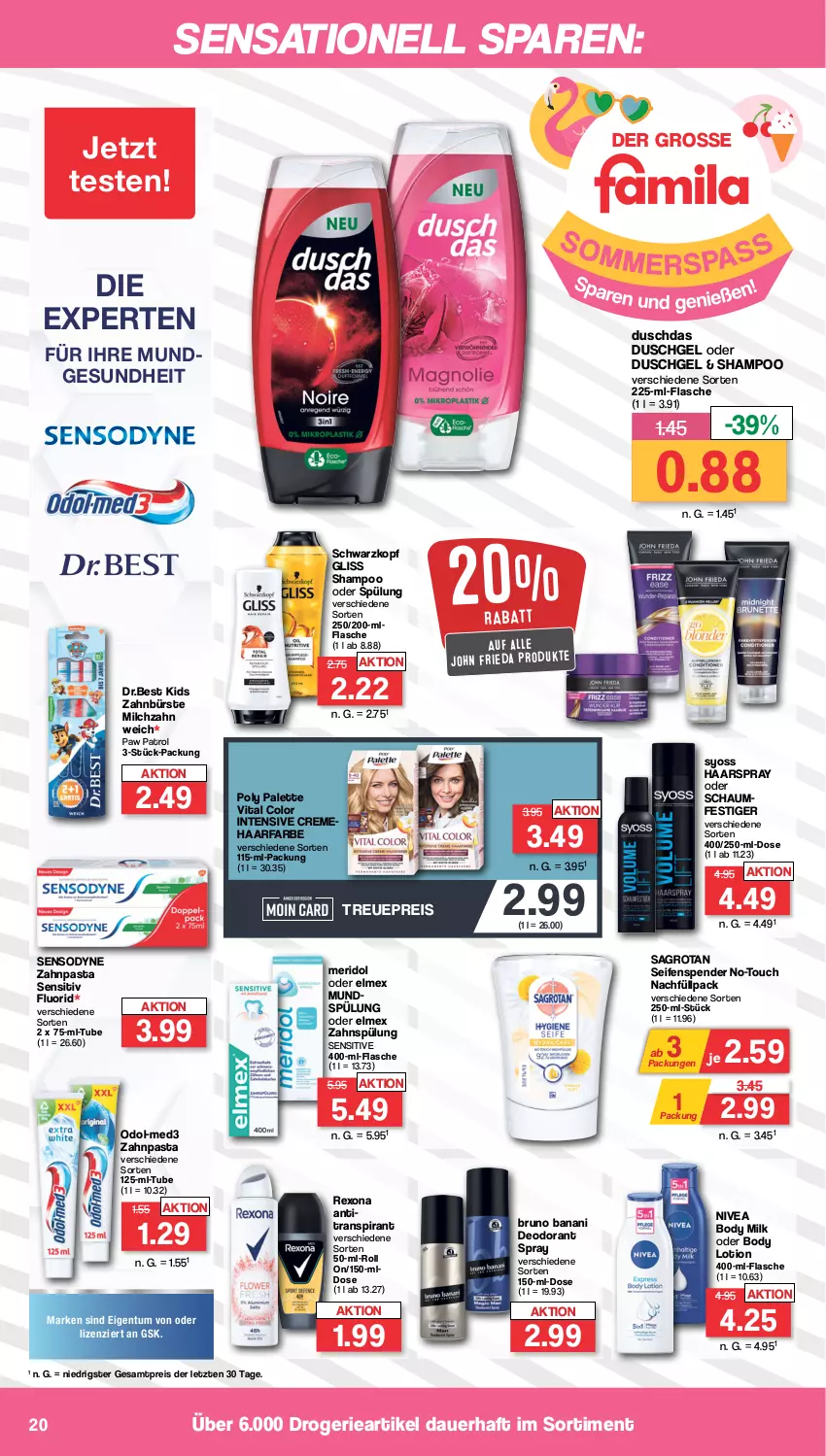 Aktueller Prospekt Famila - Prospekte - von 24.07 bis 29.07.2023 - strona 20 - produkty: Antitranspirant, auer, body, body lotion, body milk, bruno banani, bürste, creme, deo, deodorant, duschdas, duschgel, eis, elmex, flasche, Gesundheit, gliss, haarspray, Lotion, meridol, milch, nivea, Odol, Palette, pasta, Paw Patrol, reis, rexona, sagrotan, schwarzkop, schwarzkopf, Seife, seifenspender, sensodyne, shampoo, shampoo oder spülung, spülung, syoss, Ti, vita, Yo, zahnbürste, zahnpasta, ZTE