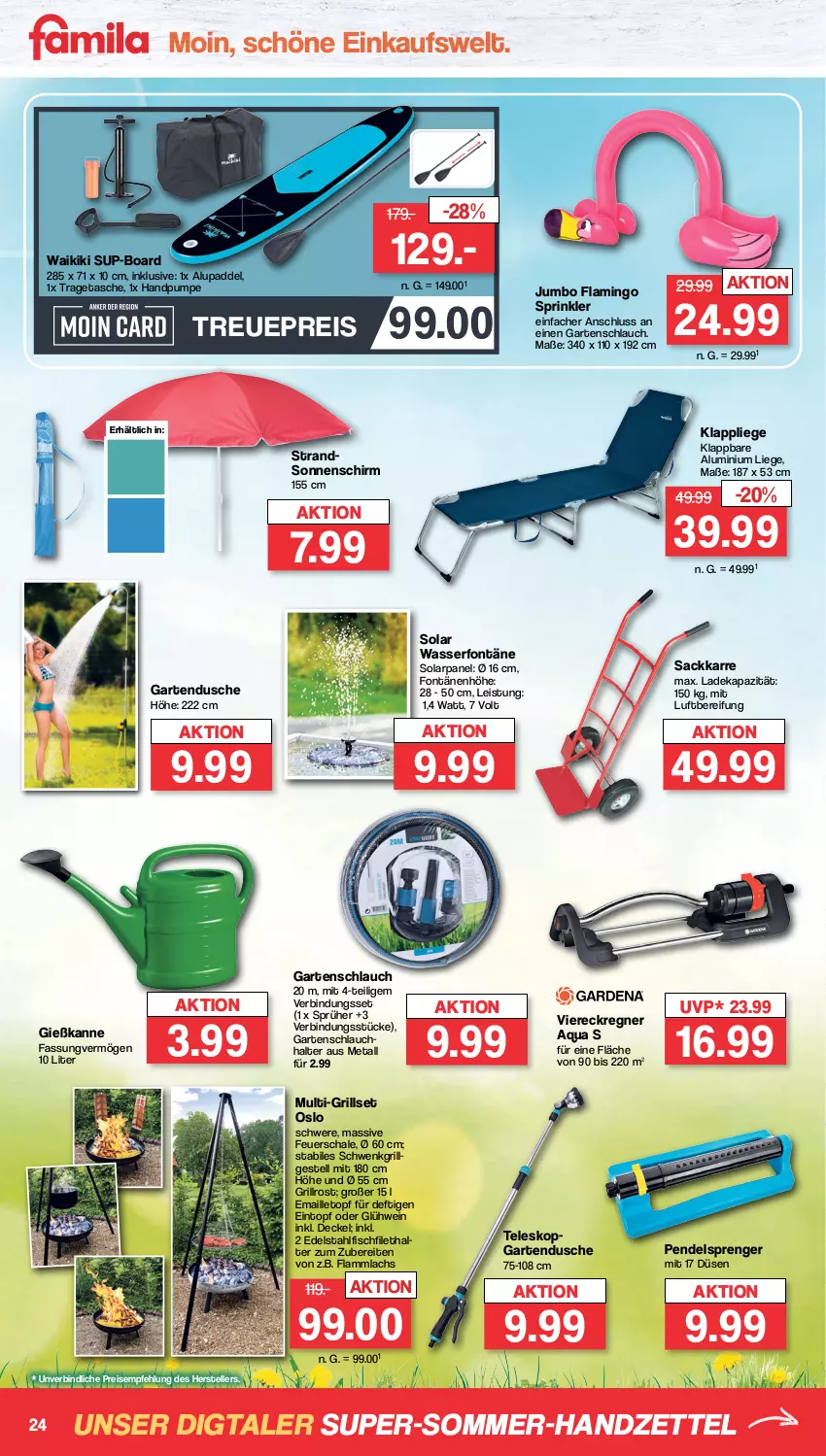 Aktueller Prospekt Famila - Prospekte - von 24.07 bis 29.07.2023 - strona 24 - produkty: aqua, decke, Deckel, deka, dusche, edelstahl, eintopf, eis, elle, feuerschale, filet, fisch, Garten, Gartendusche, gartenschlauch, Gießkanne, Glühwein, grill, grillrost, jumbo, Klappliege, lachs, lamm, Liege, maille, pool, reis, rwe, sac, Schal, Schale, schlauch, sonnenschirm, Tasche, Teleskop, teller, Ti, topf, tragetasche, Viereckregner, wasser, wein