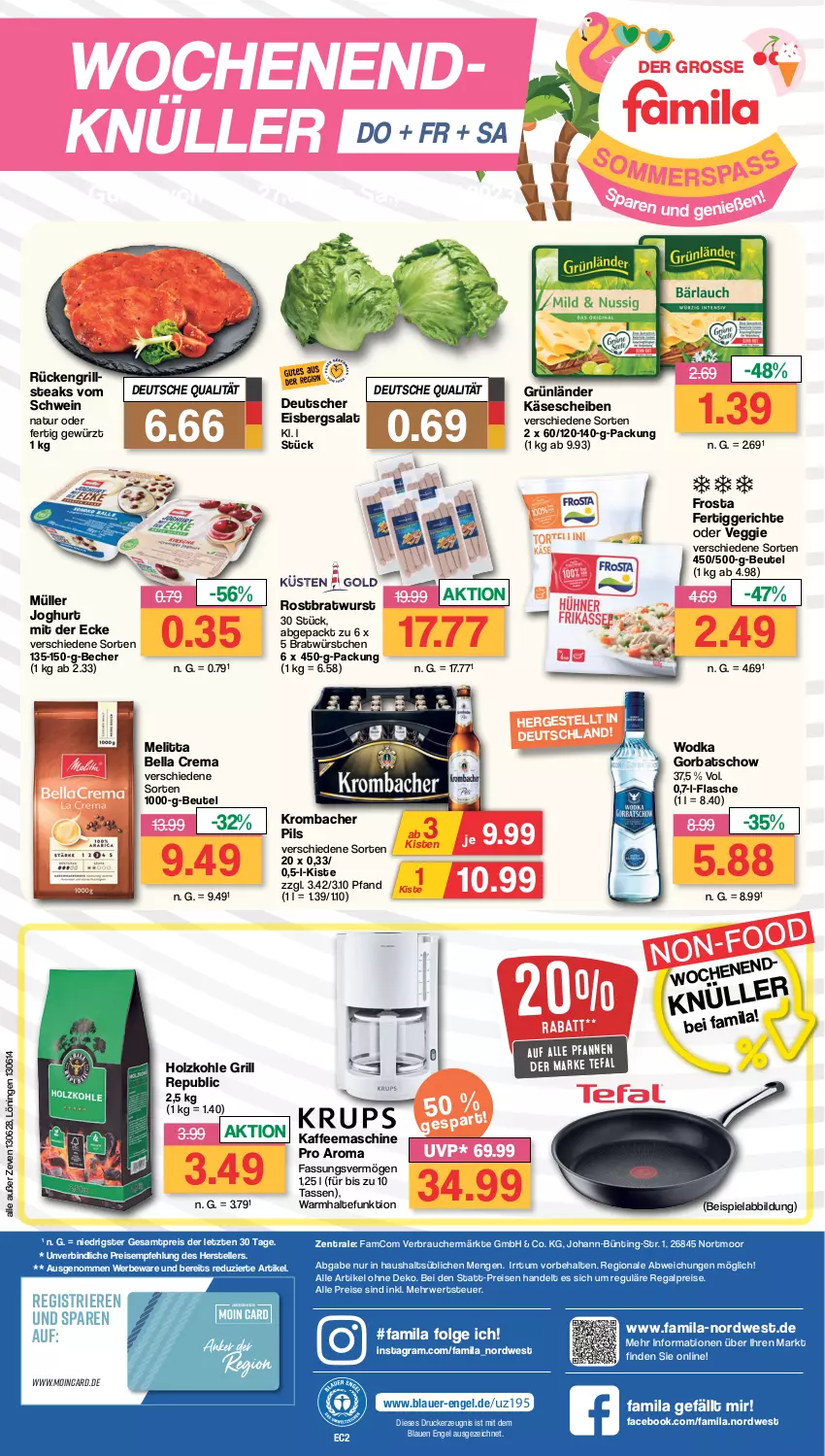 Aktueller Prospekt Famila - Prospekte - von 24.07 bis 29.07.2023 - strona 28 - produkty: auer, Becher, beispielabbildung, bella crema, beutel, bratwurst, drucker, eis, eisbergsalat, elle, Engel, fertiggericht, fertiggerichte, flasche, frosta, gewürz, Gorbatschow, grill, grünländer, Holz, holzkohle, joghur, joghurt, joghurt mit der ecke, kaffee, Käse, käsescheiben, kerze, krombache, krombacher, krombacher pils, LG, melitta, Müller, natur, ndk, pfanne, pfannen, pils, Rauch, regal, reis, rostbratwurst, rwe, salat, schwein, steak, steaks, tasse, tefal, teller, Ti, veggie, wein, wodka, wurst, würstchen, ZTE