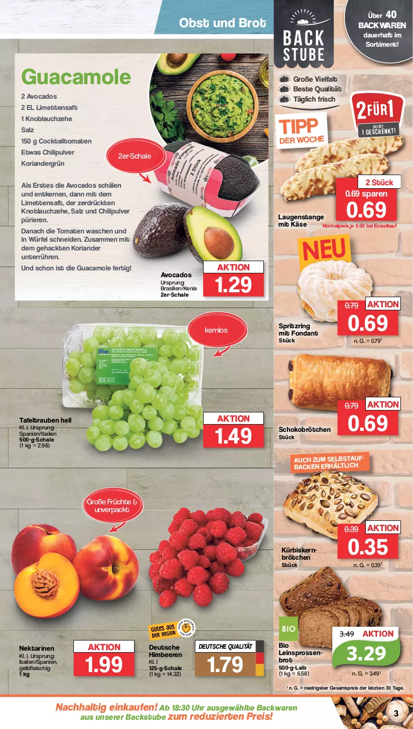 Aktueller Prospekt Famila - Prospekte - von 24.07 bis 29.07.2023 - strona 3 - produkty: auer, avocado, avocados, backwaren, beere, beeren, bio, brot, brötchen, chili, cocktail, eis, fleisch, früchte, guacamole, himbeer, himbeere, himbeeren, Käse, knoblauch, Koriander, Kürbis, Kürbiskernbrötchen, Laugenstange, limette, limetten, Mett, metten, Nektar, nektarinen, obst, reis, Ria, ring, saft, salz, Schal, Schale, schoko, Schokobrötchen, stube, tafeltrauben, Ti, tomate, tomaten, trauben, uhr, würfel, ZTE