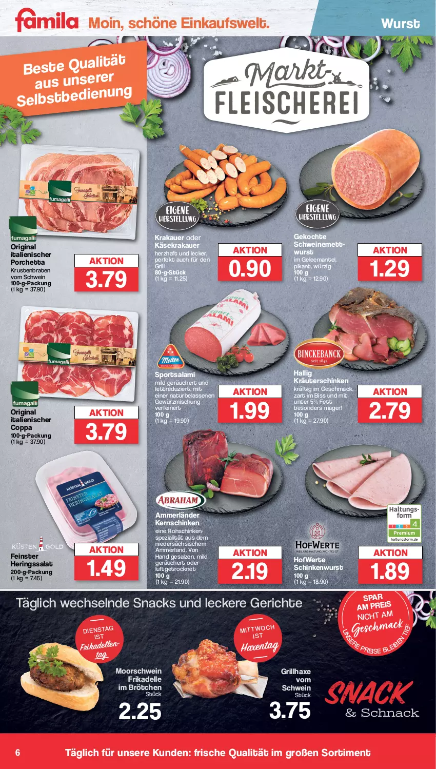 Aktueller Prospekt Famila - Prospekte - von 24.07 bis 29.07.2023 - strona 6 - produkty: ammerländer, auer, axe, braten, brötchen, dell, eis, elle, frikadellen, gelee, gewürz, Gewürzmischung, gin, grill, grillhaxe, Haxe, hering, Herings, Käse, kernschinken, krakauer, kräuter, krustenbraten, mac, Mantel, merl, Mett, mettwurst, natur, reis, ring, rohschinken, salami, salat, salz, schinken, schinkenwurst, schwein, schweine, schweinemett, snack, snacks, Spezi, Sport, Ti, wein, weine, wurst