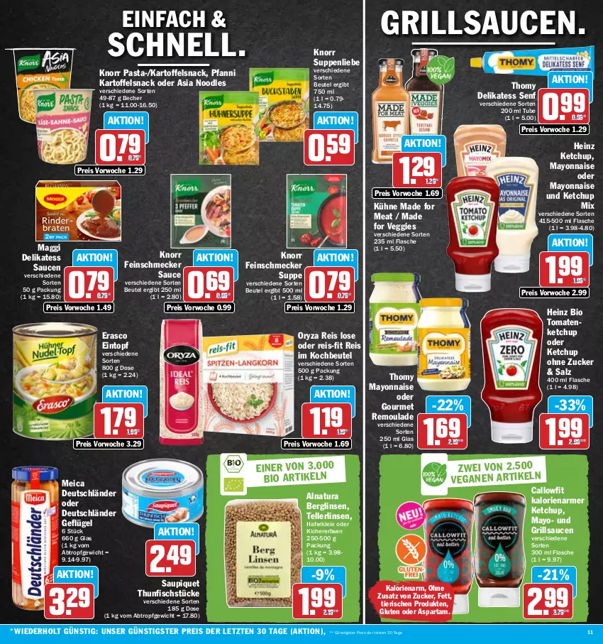 Aktueller Prospekt Hit - Prospekte - von 12.06 bis 17.06.2023 - strona 11 - produkty: Becher, beutel, bio, delikatess sauce, delikatess senf, eintopf, eis, elle, erasco, erbsen, feinschmecker, fisch, flasche, Geflügel, grill, grillsauce, hafer, heinz, kartoffel, ketchup, kichererbsen, knorr, knorr pasta, kochbeutel, Kühne, linsen, maggi, mayonnaise, meica, natur, natura, oryza, pasta, pfanni, reis, reis-fit, remoulade, salz, sauce, saucen, saupiquet, senf, snack, suppe, suppen, suppenliebe, teller, thomy, thunfisch, Ti, tomate, tomaten, tomatenketchup, topf, veggie, Yo, ZTE, zucker