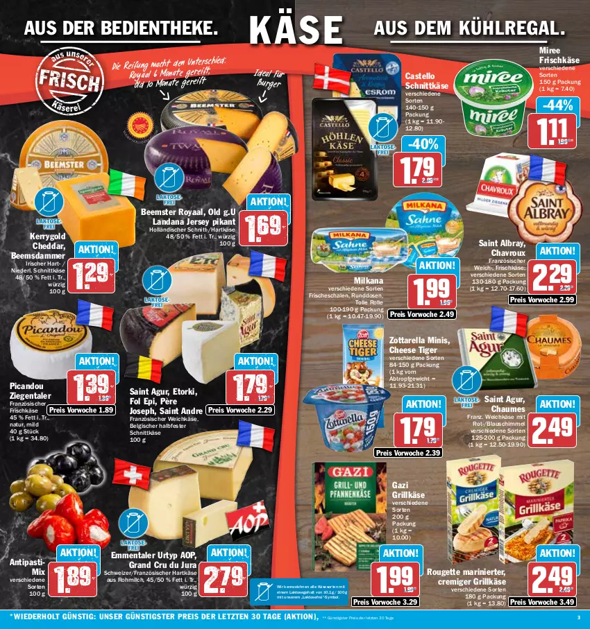 Aktueller Prospekt Hit - Prospekte - von 12.06 bis 17.06.2023 - strona 3 - produkty: albray, antipasti, asti, aus dem kühlregal, Beemster, burger, chaumes, chavroux, cheddar, eis, emmentaler, fol epi, französischer weichkäse, frischkäse, grill, Grillkäse, halbfester schnittkäse, hartkäse, Jura, Käse, kerrygold, kühlregal, LG, mac, milch, milka, milkana, miree, natur, regal, reis, rel, rouge, rougette, Saint Agur, saint albray, Schal, Schale, schnittkäse, Ti, urtyp, weichkäse, zott, zottarella, zottarella minis, ZTE