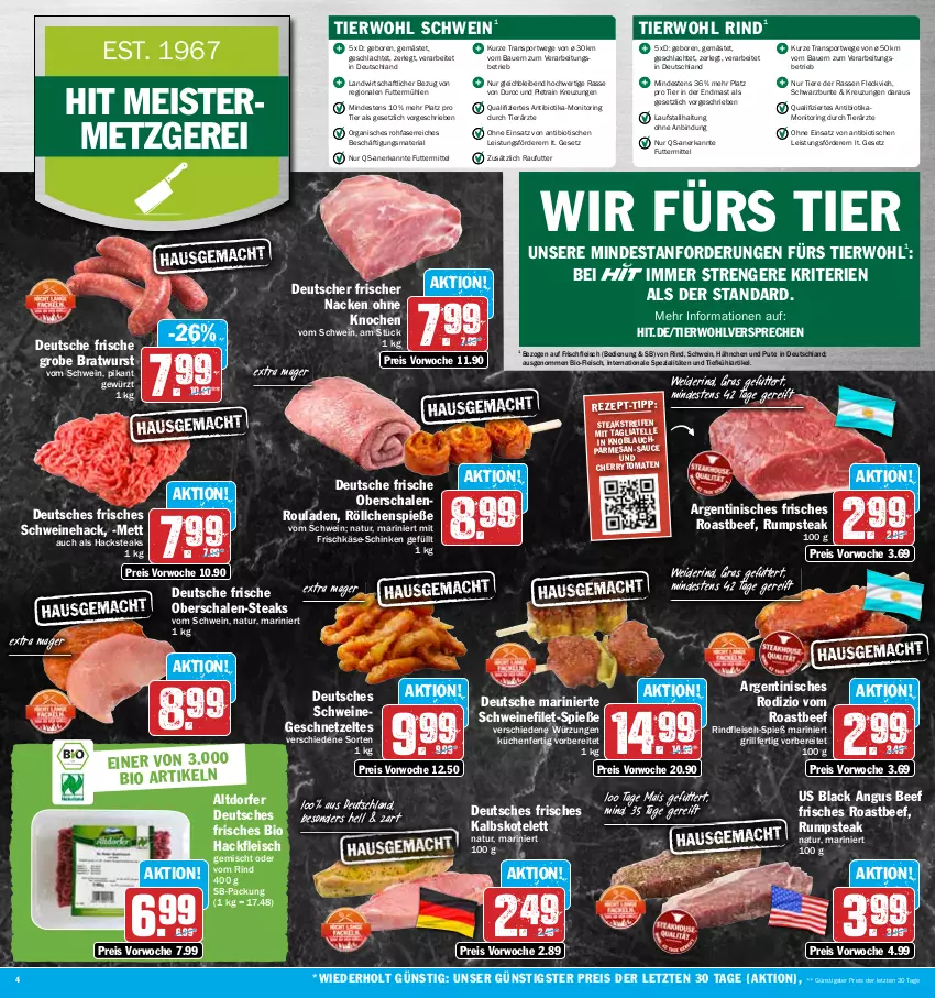 Aktueller Prospekt Hit - Prospekte - von 12.06 bis 17.06.2023 - strona 4 - produkty: auer, Bau, Bauer, beef, bio, bratwurst, cherrytomaten, eis, elle, filet, fleisch, frischkäse, Geflügel, geschnetzeltes, gewürz, grill, grobe bratwurst, hackfleisch, HP, kalbskotelett, Käse, knoblauch, kotelett, küche, Küchen, lack, mais, Meister, Mett, monitor, natur, Oberschalenrouladen, pute, reifen, reis, Ria, rind, rindfleisch, ring, roastbeef, rouladen, rum, rumpsteak, sauce, Schal, Schale, schinken, schwein, schweine, schweinefilet, Spezi, Sport, steak, steaks, tagliatelle, Ti, Tiere, tisch, tomate, tomaten, wein, weine, wurst, Zelt, ZTE