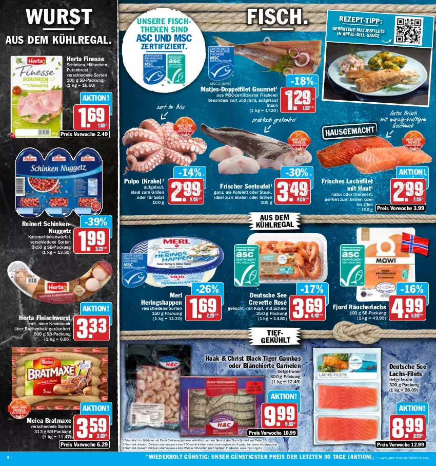 Aktueller Prospekt Hit - Prospekte - von 12.06 bis 17.06.2023 - strona 6 - produkty: apfel, aqua, aus dem kühlregal, axe, braten, bratmaxe, buch, eis, filet, filets, finesse, fisch, fische, Fischer, fischtheke, fleisch, fleischwurst, frischfisch, garnelen, grill, hering, Herings, Heringshappen, herta, herta finesse, Holz, ideal zum braten, ideal zum grillen, katenschinken, knoblauch, kotelett, kühlregal, lachs, lachsfilet, lack, mac, matjes, meica, merl, natur, Ofen, pute, putenbrust, Räucherlachs, regal, reinert, reis, ring, salat, Schal, Schale, Schere, schinken, steak, Ti, tisch, würfel, wurst, ZTE