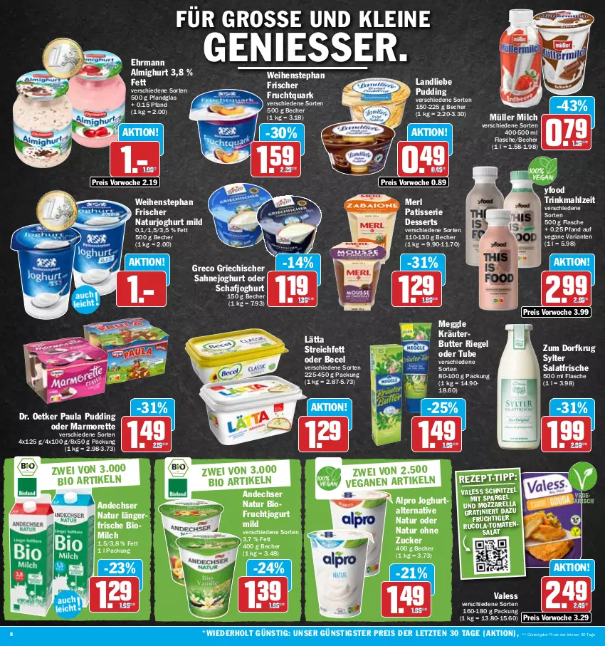 Aktueller Prospekt Hit - Prospekte - von 12.06 bis 17.06.2023 - strona 8 - produkty: almighur, almighurt, alpro, andechser natur, becel, Becher, bio, butter, cola, dessert, desserts, Dr. Oetker, ehrmann, ehrmann almighurt, eis, flasche, frucht, Fruchtquark, joghur, joghurt, joghurt mild, jogurt, kräuter, kräuterbutter, landliebe, lätta, leine, marmorette, meggle, merl, milch, mozzarella, Müller, natur, naturjoghurt, Paula, paula pudding, pudding, quark, reis, rel, Ria, riegel, rucola, sahne, Sahnejoghurt, salat, schnitzel, spargel, Sylter, Ti, tomate, tomaten, weihenstephan, ZTE, zucker, Zum Dorfkrug